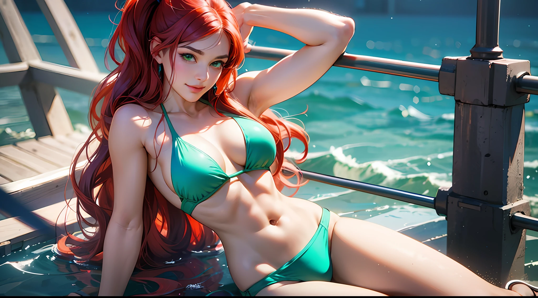 kai'sa, anime girl in a bikini, seductive anime girl, beautiful anime girl, extremely detailed art, digital anime art, realistic anime art style, realistic 3d anime, photorealistic anime, realistic bikini, realistic 3d anime style, render photorealistic anime girl, big boobs, beautiful anime woman, soft anime cg art, smiling green bikini, long hair, running, tight bikini, on a boat, green eyes, red hair, --auto