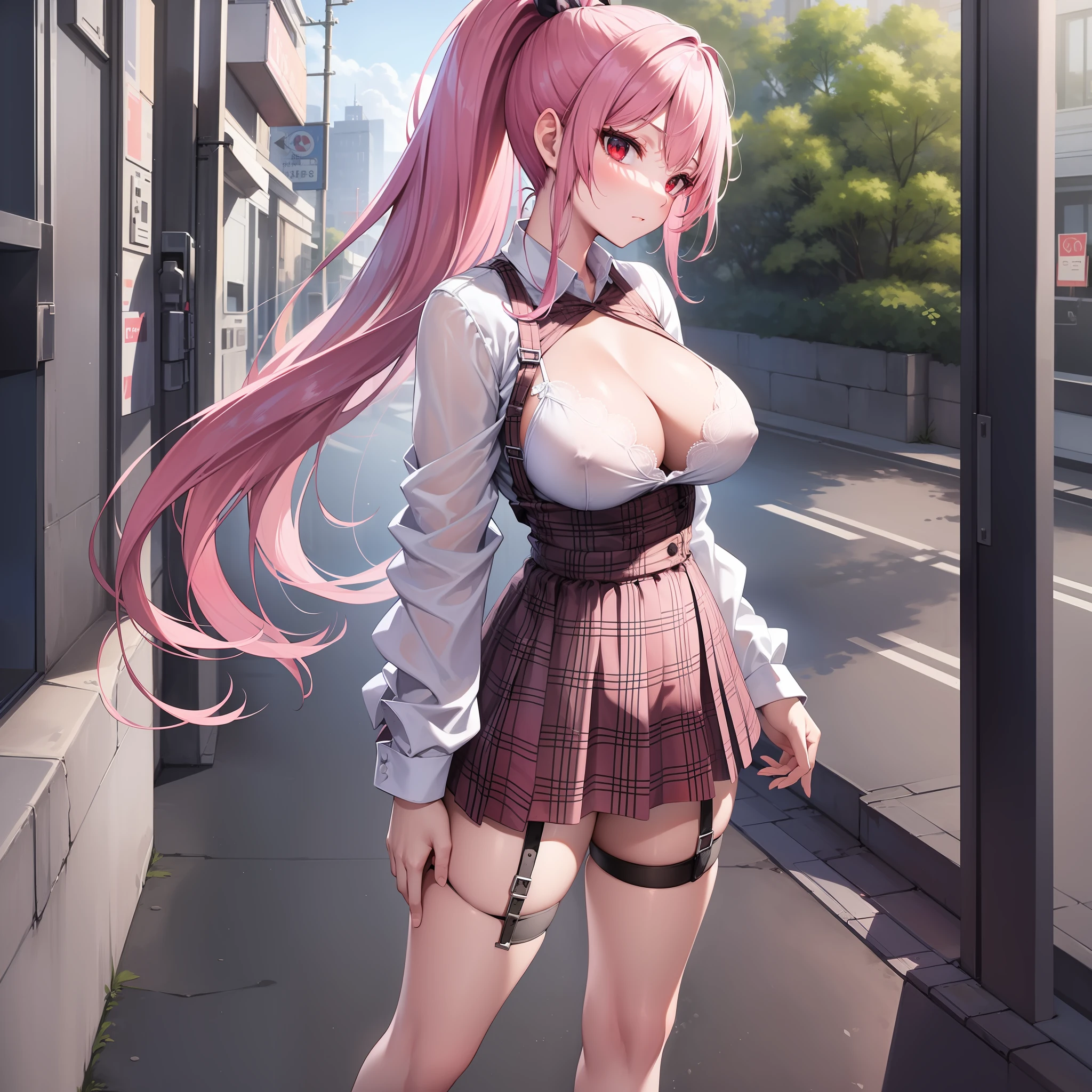 Masterpiece, Solo, Slender face, Long eyelashes, elongated, (High ponytail: 1.3), (Red eye: 1.3), (pink hair, white mesh: 1.2), Large cleavage, Slim, Angled from the side,, Uniform and tartan check skirt, Full body, Light blue lace sheer lingerie, Nipples, shirt rolled up to chest