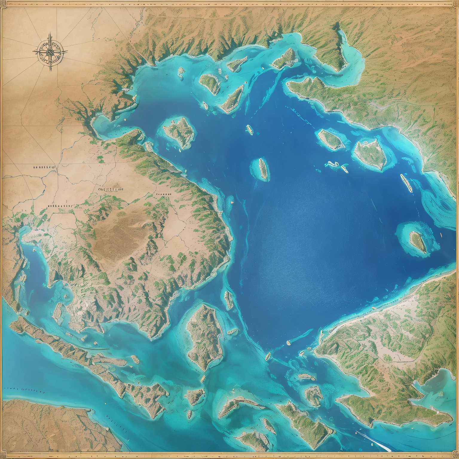 Detailed geographical map of an archipelago filled with islands, each with a different biome and shape; --auto