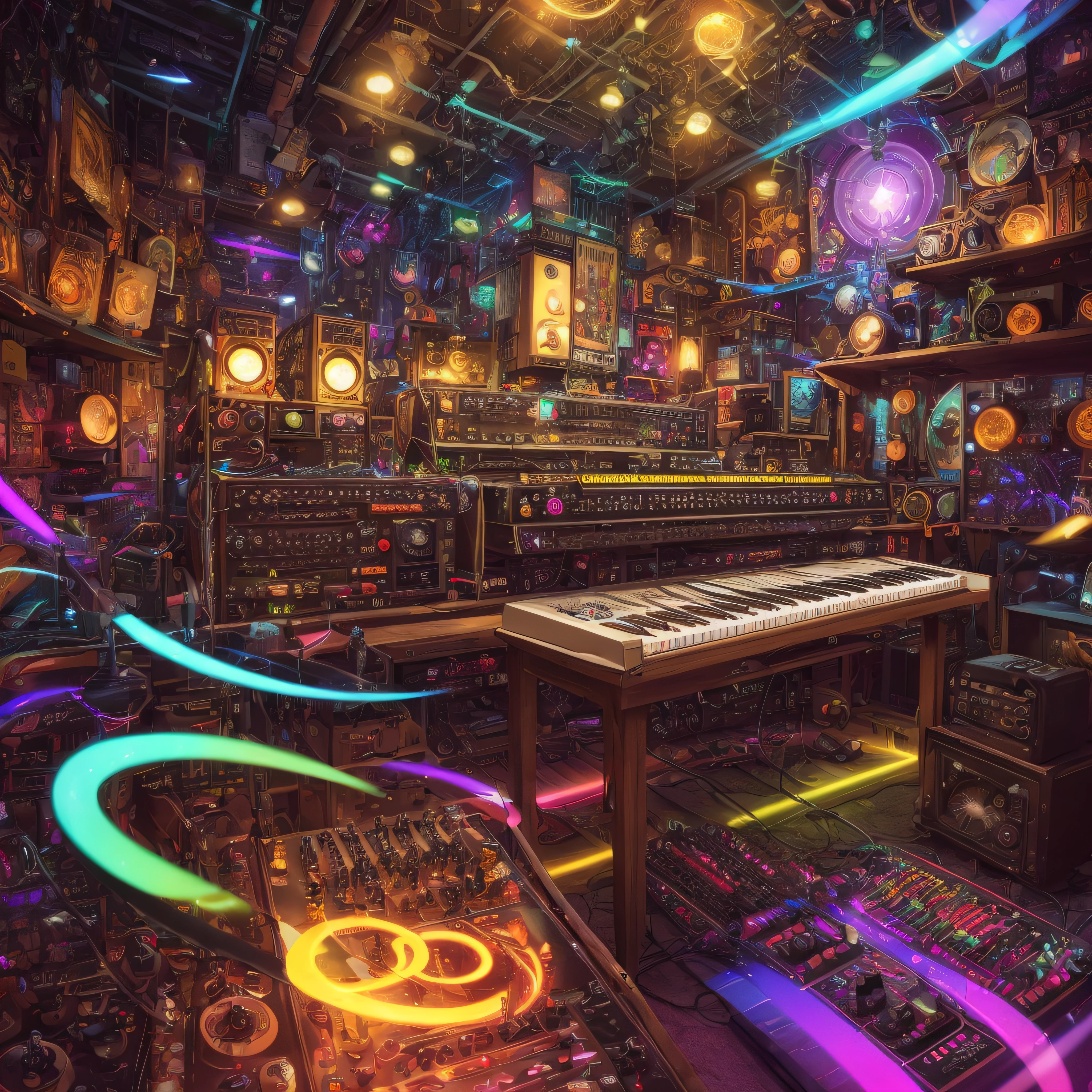 jungle, tube amplifier , synthesiser , fractal , music , dance ,psychedelic , pop art,uhd,4k ,keyboard,music notes ,fairies --auto