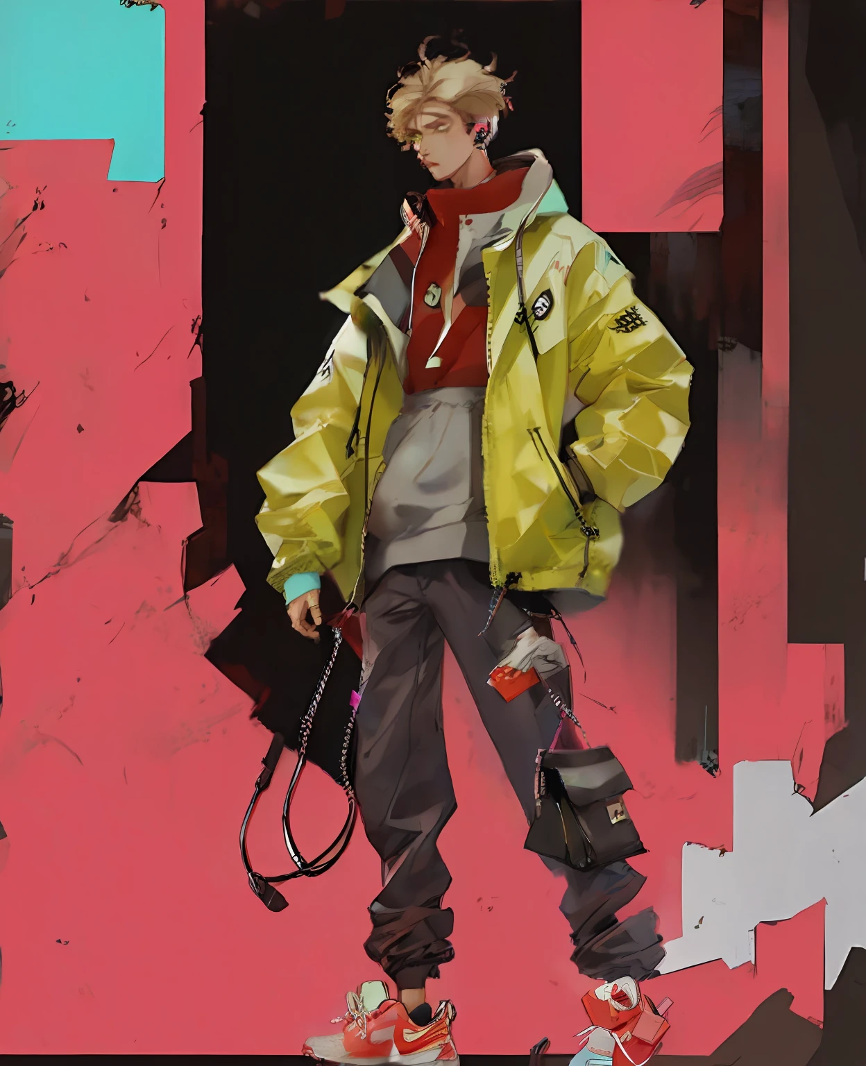 cartoon of a full body portrait of the character, unrealistic character concept, digital character illustration, man walking around with headphones and holding a cell phone,  boy, model, fashion, cyberpunk, hip hop, holographic headphone, cyberpunk cell phone, big sneakers, neon sneakers, white coat, red shirt, green eyes, super short hair, blonde,  thin, tall