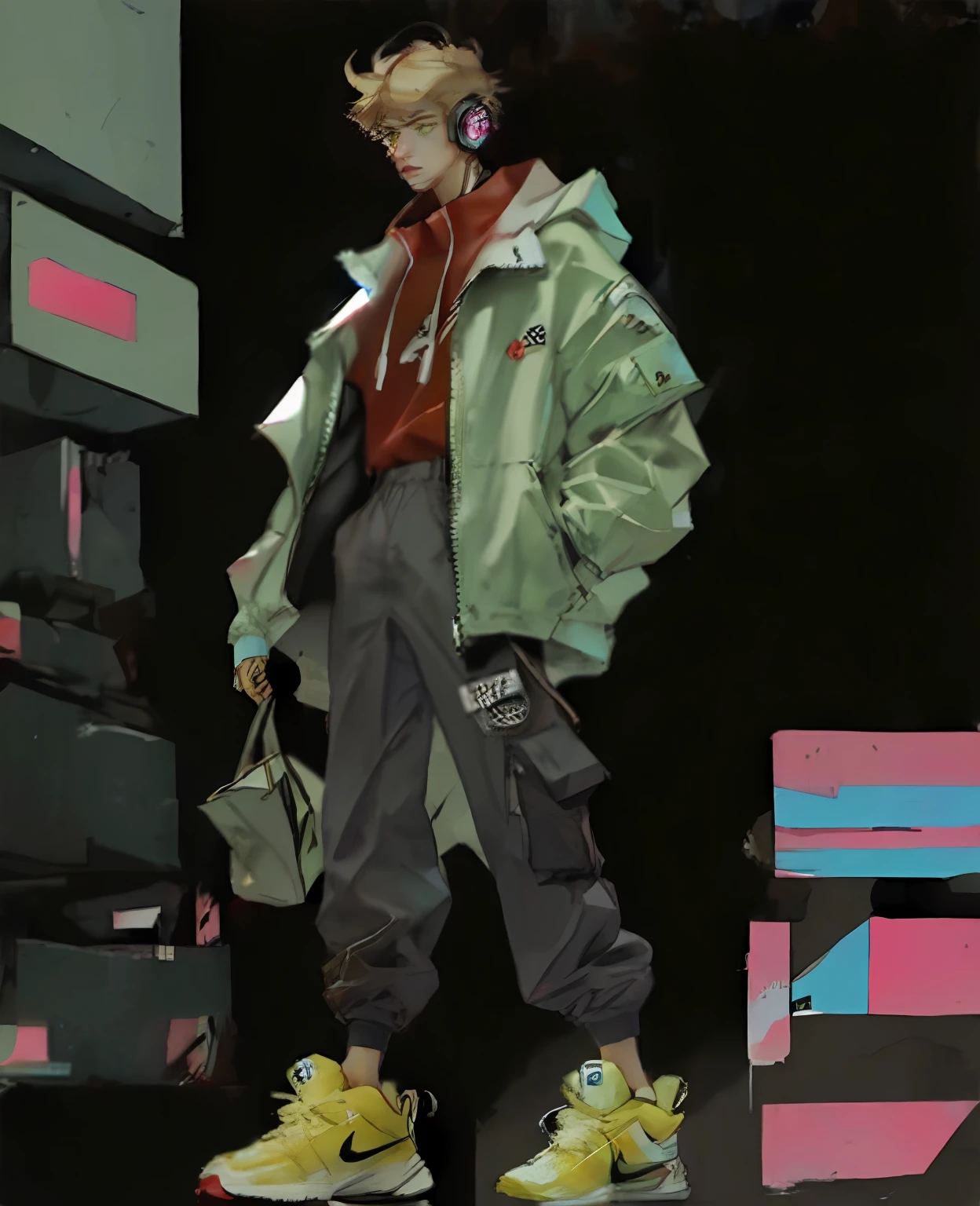 cartoon of a full body portrait of the character, unrealistic character concept, digital character illustration, man walking around with headphones and holding a cell phone, boy, model, fashion, cyberpunk, hip hop, holographic headphone, cyberpunk cell phone, big sneakers, neon sneakers, white coat, red shirt, green eyes, super short hair, blonde, thin, tall