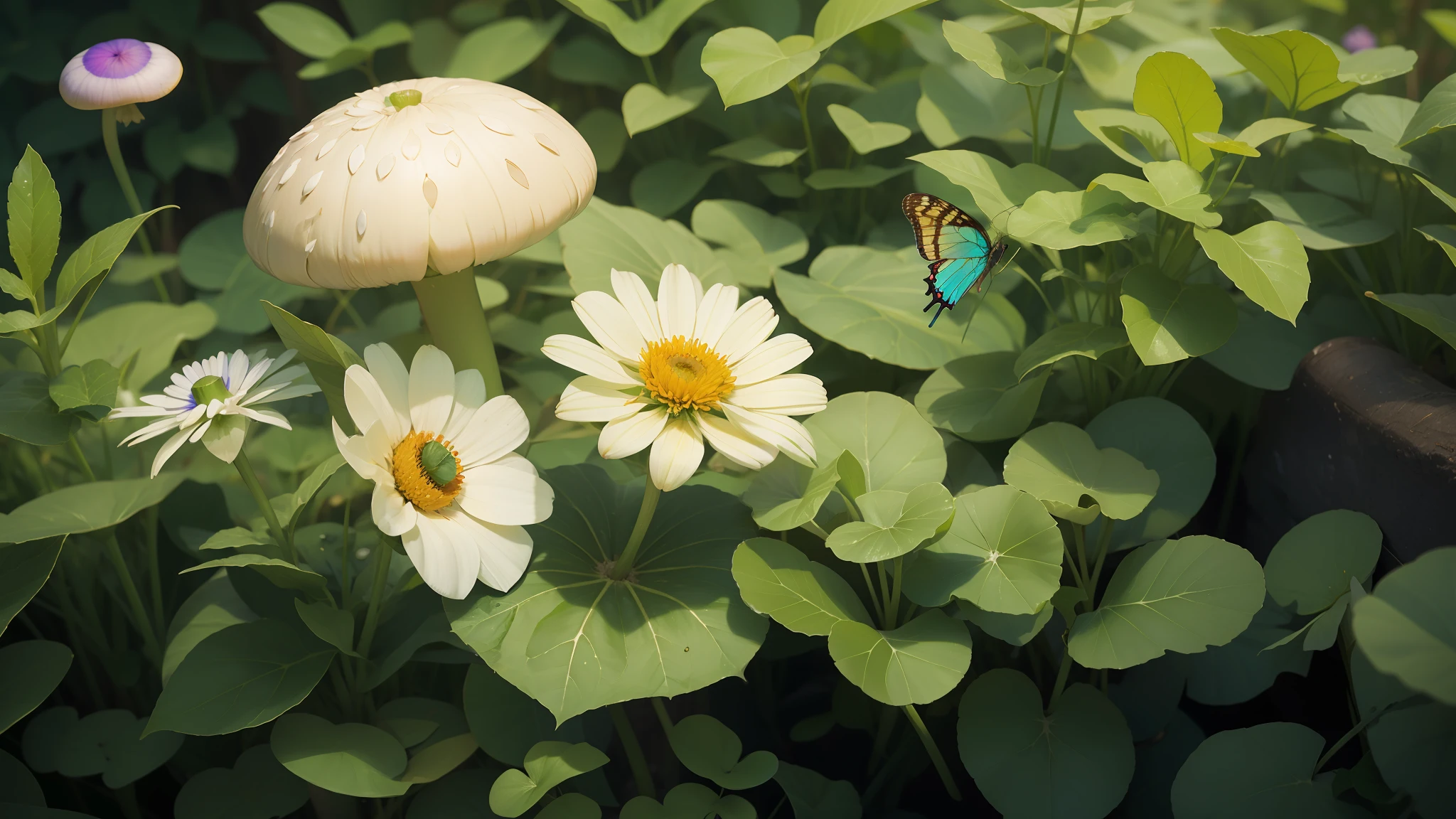 Fine matte painting, macro lens, four-leaf clover, turquoise mushroom, morning glory, small daisy, dew, morning sun, butterflies surrounding, dream garden,