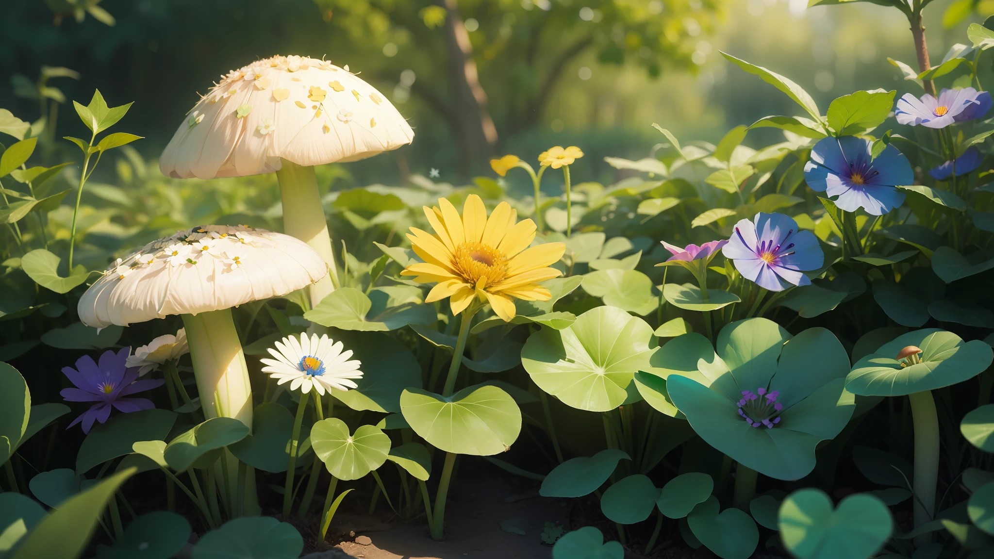 Fine matte painting, macro lens, four-leaf clover, turquoise mushroom, morning glory, small daisy, dew, morning sun, butterflies surrounding, dream garden,