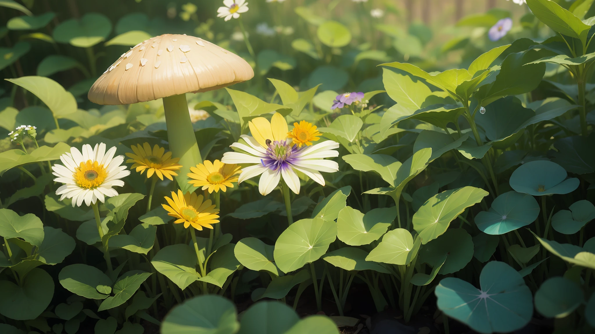 Fine matte painting, macro lens, four-leaf clover, turquoise mushroom, morning glory, small daisy, dew, morning sun, butterflies surrounding, dream garden,