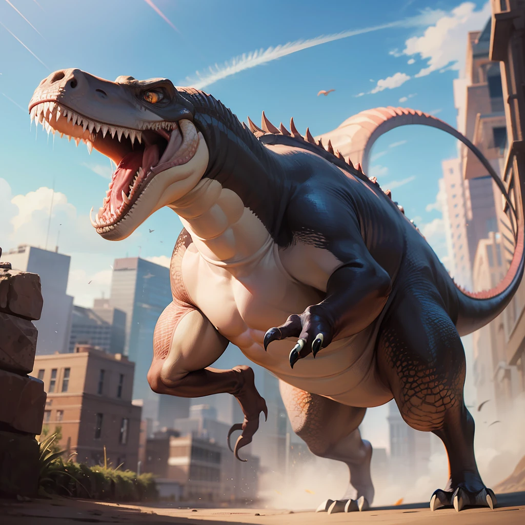 Dinosaur T - Rex hyper realistic, tech warrior leaps through the air, --auto --s2