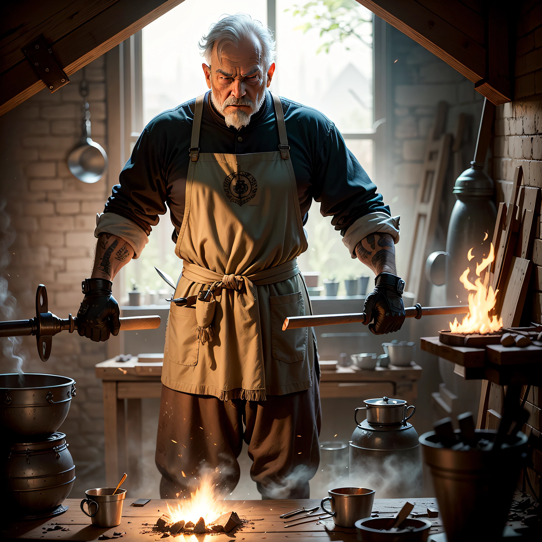 The old blacksmith is a wrinkled and stout looking man, whose face is marked by time and hard work. His gray hair is matted and his thick mustache, covered in soot, gives an even more imposing appearance. His calloused and strong hands bear witness to the years of effort devoted to the art of blacksmithing.

Dressed in a battered linen tunic, covered in charcoal stains, and a worn leather apron, the old blacksmith looks like an ancestral figure, connected to the past and the secrets of the forge. On his face, the expression of serenity and wisdom contrasts with the intensity of his gaze, which shows the concentration and passion he has for his craft.

In the medieval forge, flames dance around the furnace, illuminating the environment and casting shadows on the stone walls. The glowing iron glows under the hammer of the blacksmith, who, with precise movements, shapes and transforms the metal into functional works of art. The embers fly through the air, while the smell of hot metal and the rhythmic sound of the hammer on the anvil fill the air.

Around the forge, working instruments of different sizes and shapes are arranged, revealing the expertise and experience of the blacksmith. Iron tweezers, sledgehammers, carvers and files are a testament to the variety of techniques and skills he has mastered over the years.

Despite his advanced age, the old blacksmith is still active and attracts apprentices and curious people who seek to learn from his dexterity and tradition. He is respected for his expertise and the magnitude of the works he creates, from swords and armor to practical utensils for everyday life.

The old blacksmith is an emblematic figure of the medieval forge, a guardian of ancestral knowledge and the history of the art of blacksmithing. Their presence in the forge is a reminder that even in modern times, tradition and passion for the craft can survive and inspire future generations. --auto