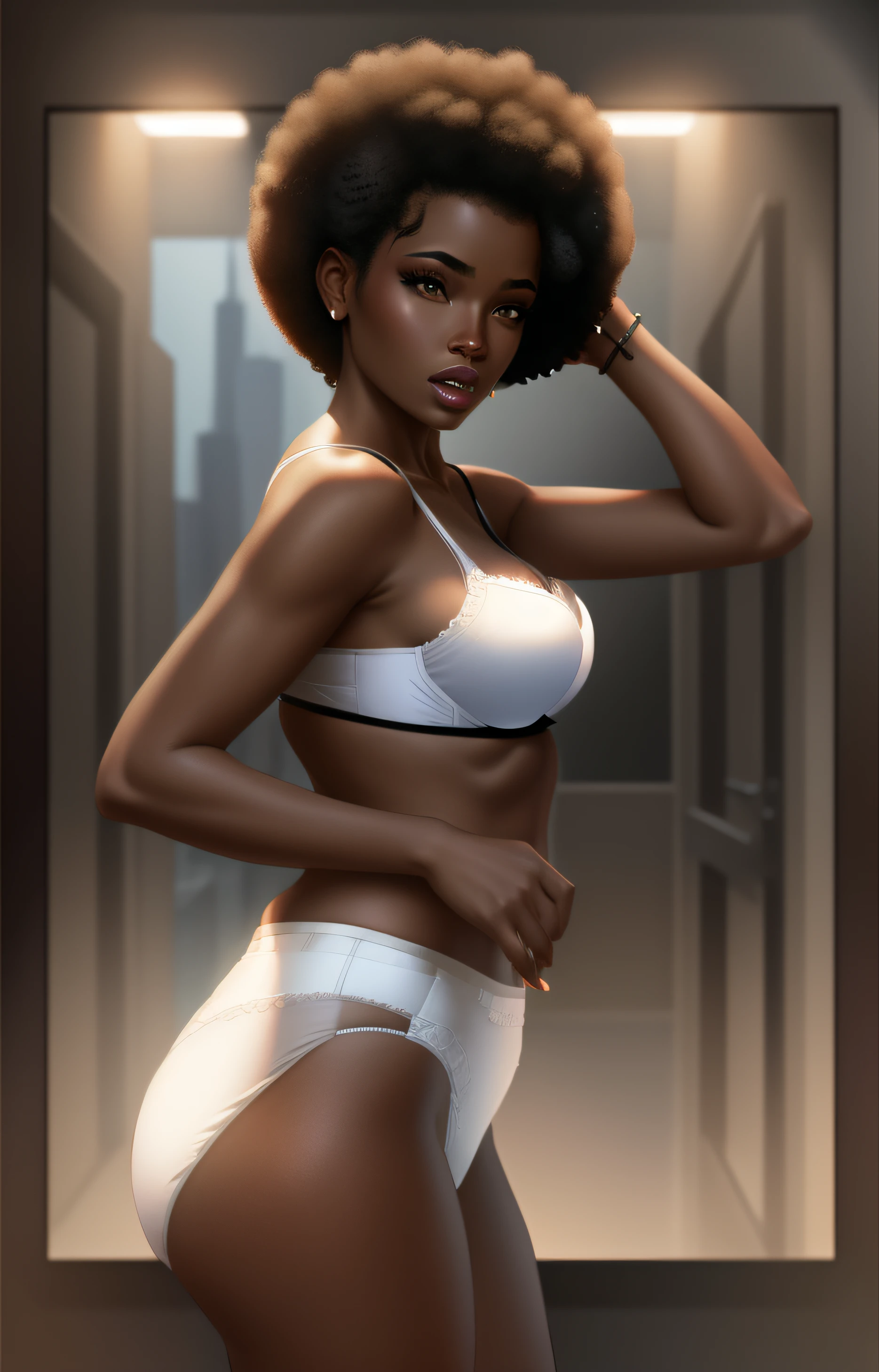 Black woman with Afro, in white bra, white cotton high cut panties, grabbing hair, comic book art style, intricate details