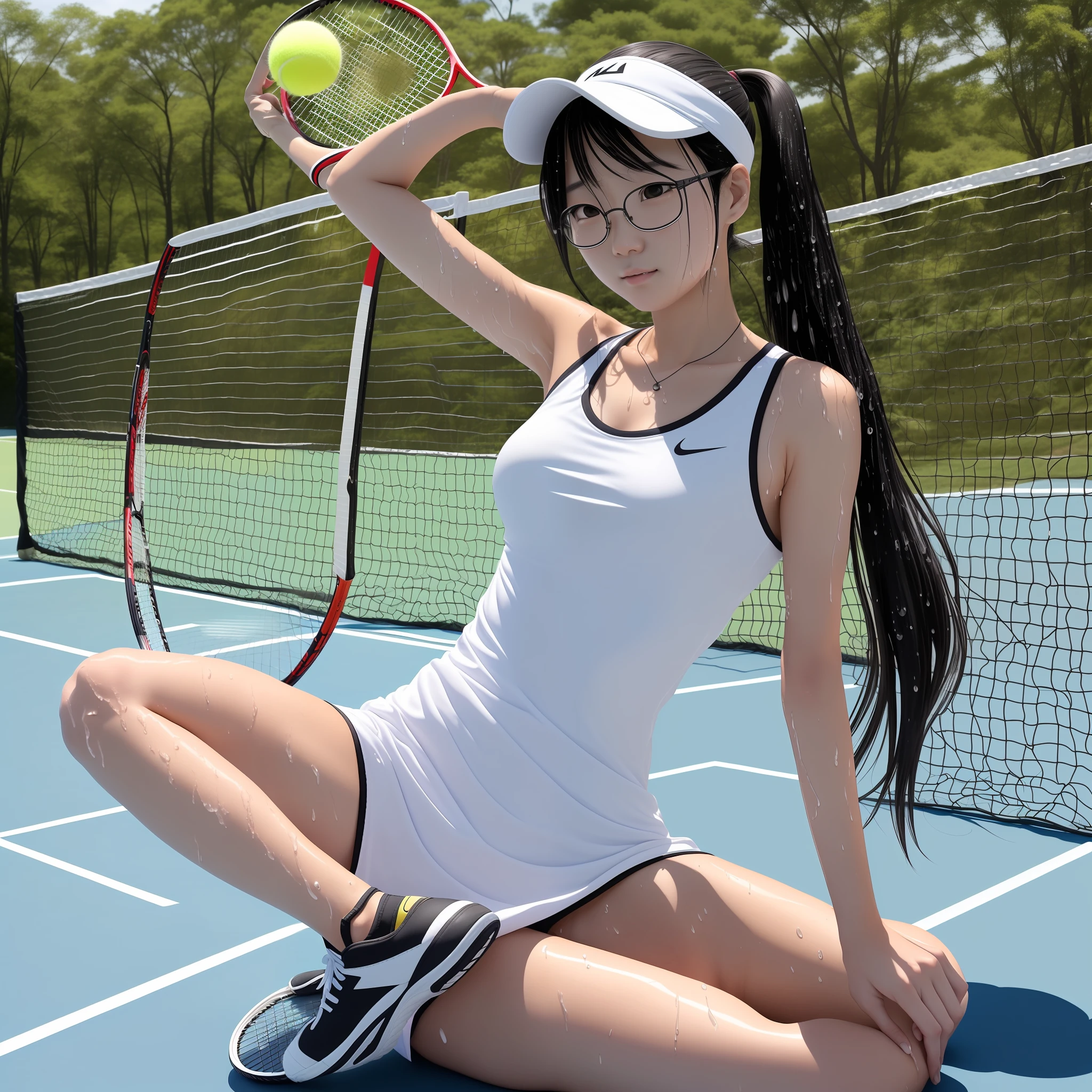 One naïve 1 8 years old, Japan college girl wearing glasses, wearing white sleeveless one-piece tennis wear, wearing a sun visor on her head, holding a tennis racket in her right hand, many tennis balls lying under her feet, 1 person (Akiko Takase, Kazue Kato, , Aya Takano, Etsuko Miura, Tsugumi Ohba, Chiho, Rinko Kawaichi, Takeyuki Kanda), Body shape is 158 cm tall, Weight 53kg, bust 83cm (D cup), waist 61cm, hips 86cm, hair is shoulder-length black hair ((ponytail), (wet with heat rash)), bangs, wet with sweat, The scene is a tennis court on a summer morning