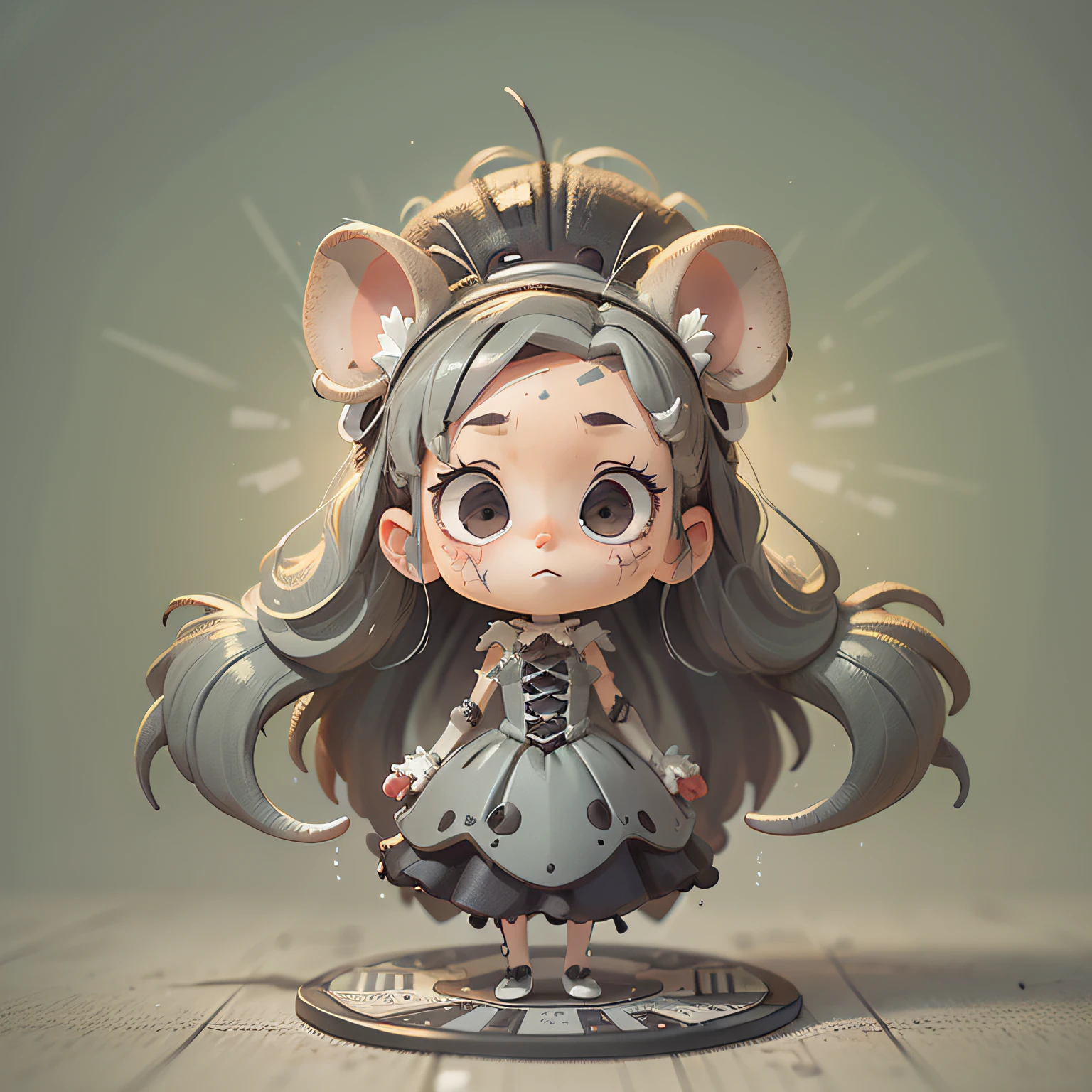 cute, chibi, mice, PFP, bigbadejo, portrait, masterpiece, 3D Rendering, Best Quality, Lots of Detail, (plain background), (vinyl toy figurine), (perfect hands), (full body), female, Corpse Bride, body of bones, action pose, base with little bones, (gray skin), some scars
