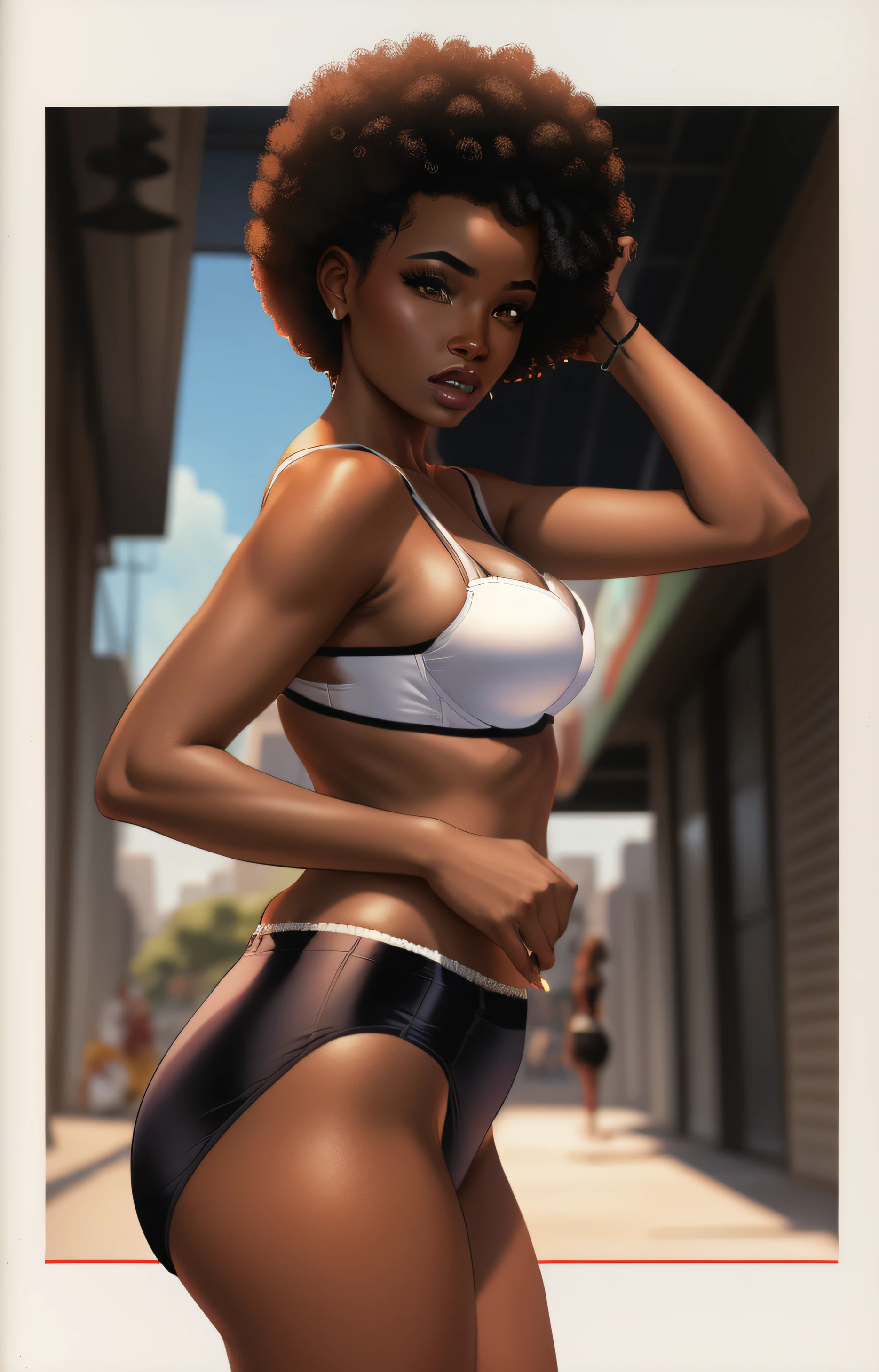 Black woman with Afro, in white bra, white cotton high cut panties, grabbing hair, comic book art style, intricate details