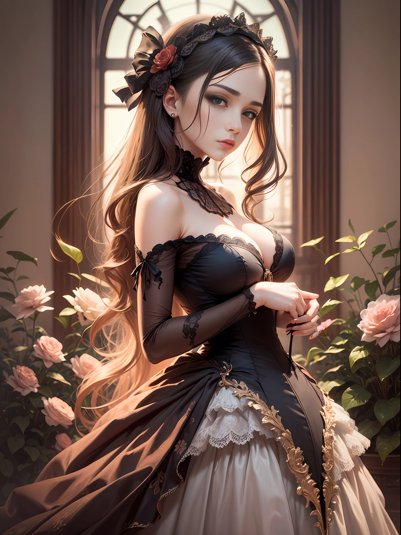 (Pure Color: 0.9), (Color: 1.1), (Masterpiece: 1,2), Best Quality, Masterpiece, High Resolution, Original, Highly Detailed Wallpaper, Beauty, Beauty, Victorian, Dress, Melancholy, Big Breasts, --auto --s2