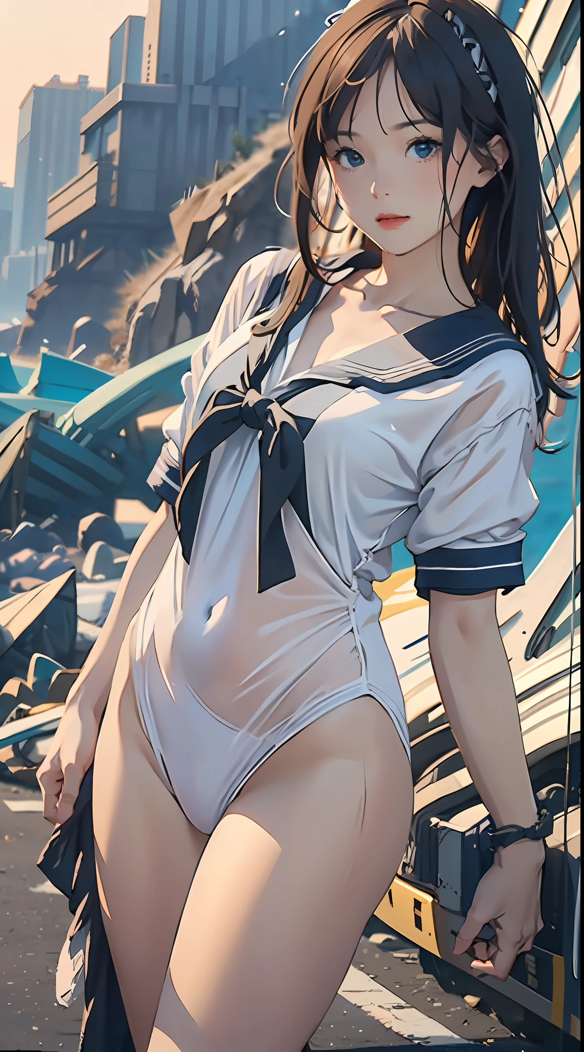 A girl by the sea, (Extreme detail CG Unity 8K wallpaper, masterpiece, highest quality), (exquisite lighting and shadow, highly dramatic picture, cinematic lens effect) (excellent detail rendering, outstanding lighting effect, wide angle), (excellent rendering, enough to stand out in its class), sailor suit, super detailed, 8K wallpaper, unique beautiful, moist, sexy sailor suit