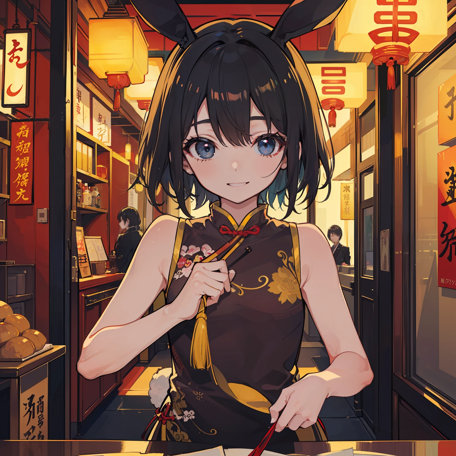 Top quality, (Rabbit-eared girl: 1.2))) (((13 years old)) close-up, dynamic pose, black hair, (twin hairpan: 1.5), floating hair, (hair above one eye), bangs, cute face, happy smile, small, change of clothes, undressing, (cheongsam to be undone), sleeveless, Tokyo, Japan style, , counter, indoor, Chinatown, high-key lighting, high saturation, Stylish atmosphere, cinematic feel, depth of field,