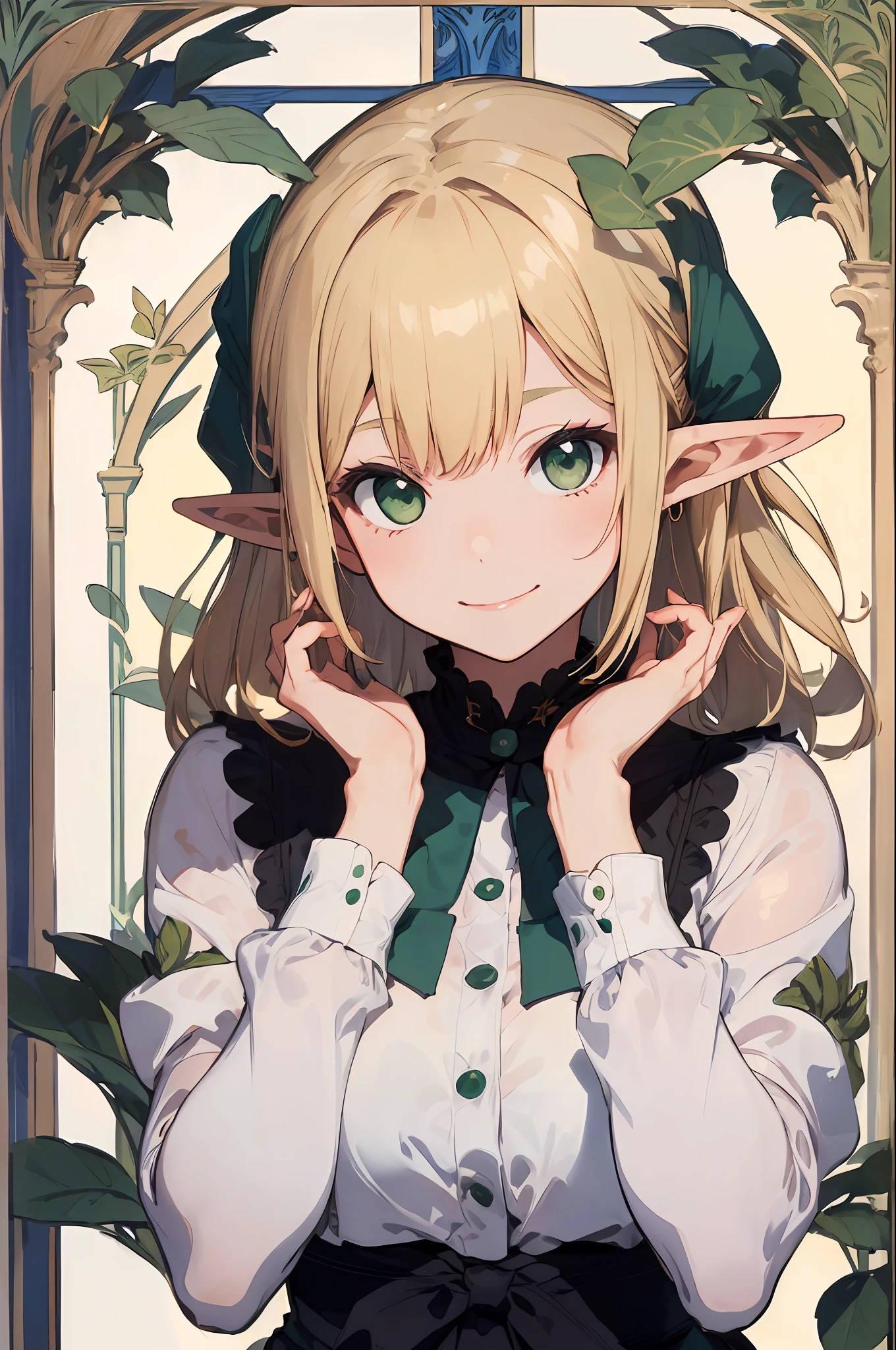 ((Elf Woman)), ((Glossy Blonde Long Straight)), ((White Blouse)), Green Eyes, Tilting Head, Smiling, (Hands Up), (Elbows on Table), (Face Palm), ((Art Nouveau background)), Upper Body