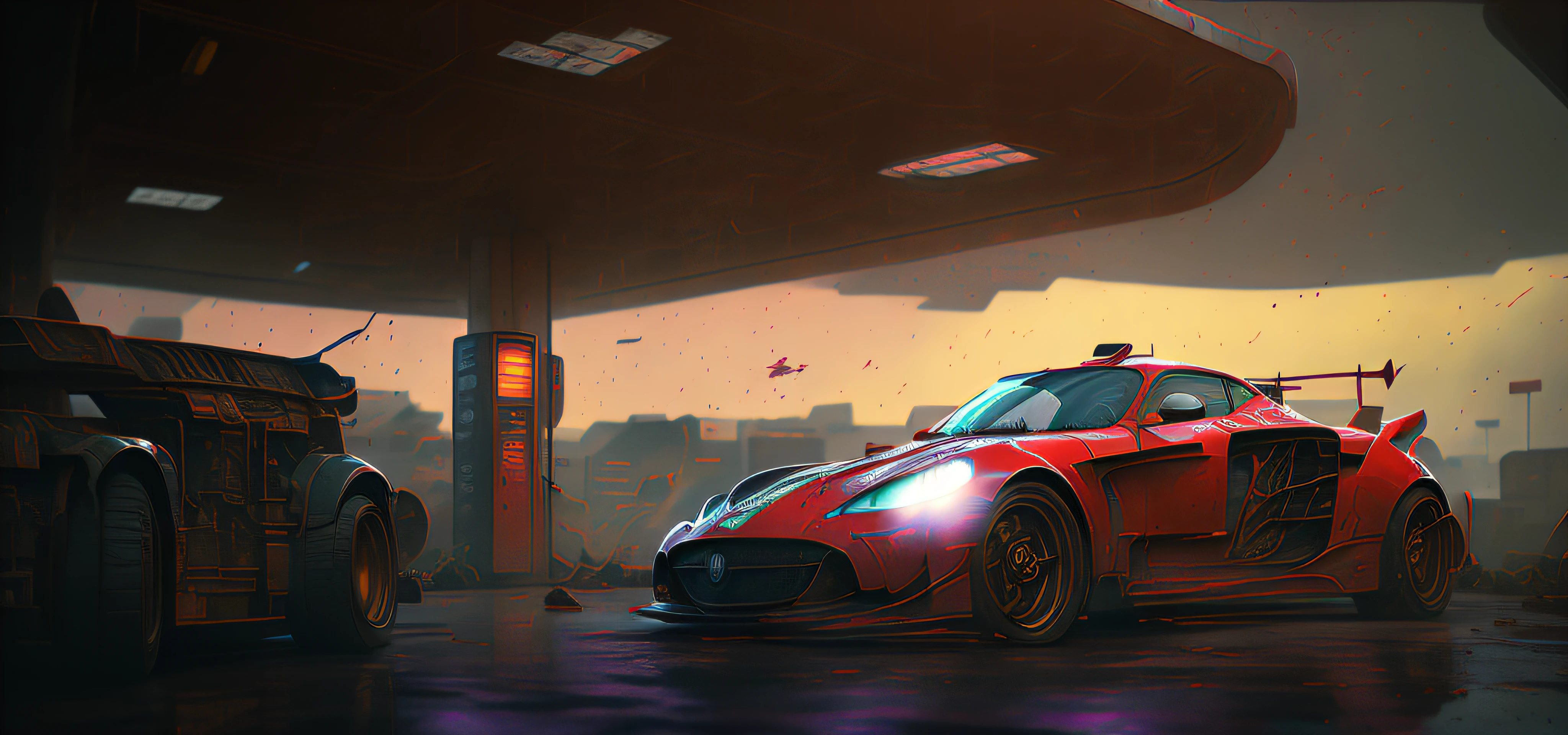 there is a red car that is sitting in the air, akira cgi movie stills, highly realistic concept art, photorealistic concept art, ruined gas station and cars, 3 d octane render conceptart, stunning photo real concept art, photorrealistic concept art, ultra realistic concept art, retrofuturistic digital painting, rolands zilvinskis 3d render art