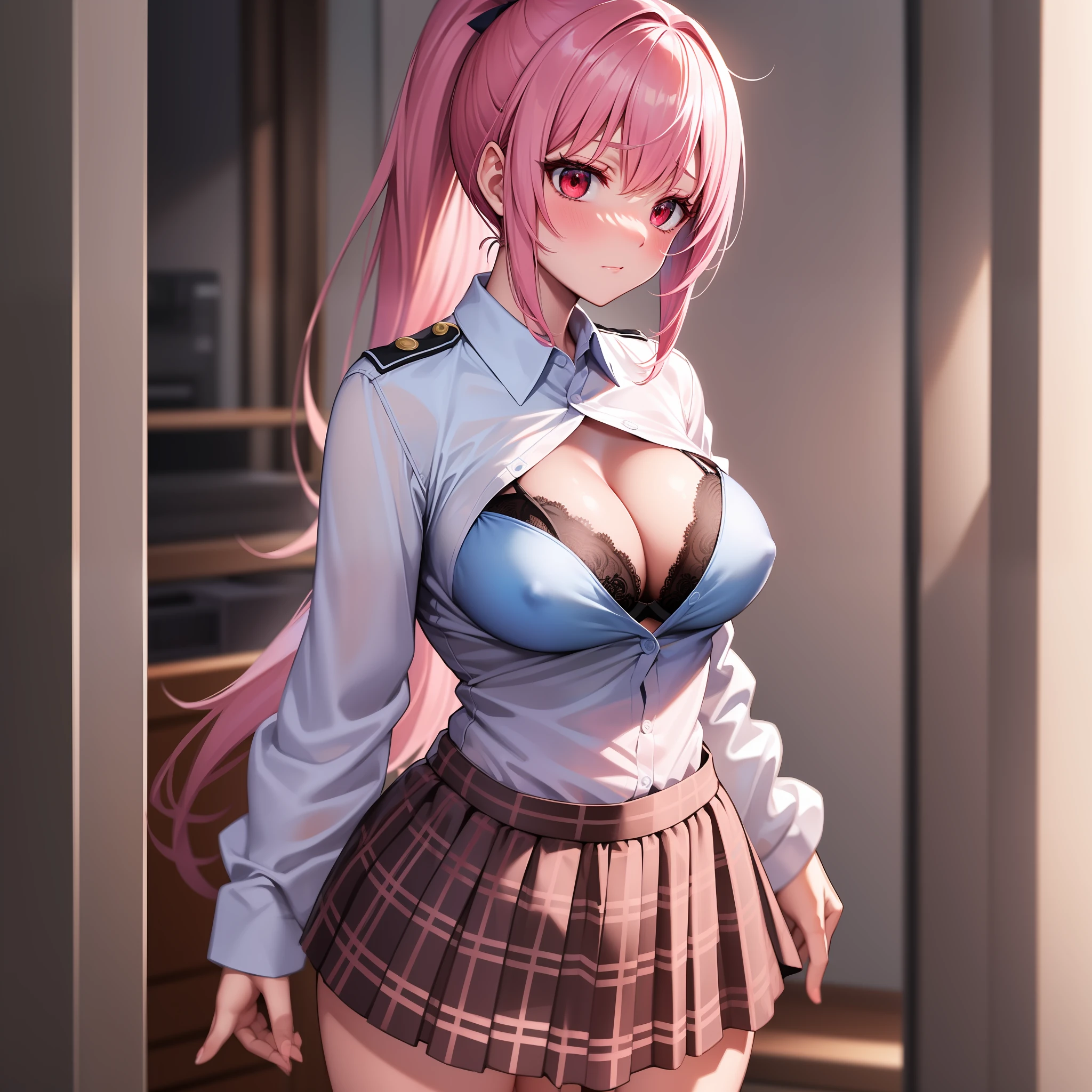 Masterpiece, Solo, Slender face, Long eyelashes, elongated, (High ponytail: 1.3), (Red eye: 1.3), (pink hair, white mesh: 1.2), Large cleavage, Slim, Angled from the side, Uniform, tartan check skirt, Full body, Light blue lace light lingerie, Nipples, shirt rolled up to chest, embarrassed,