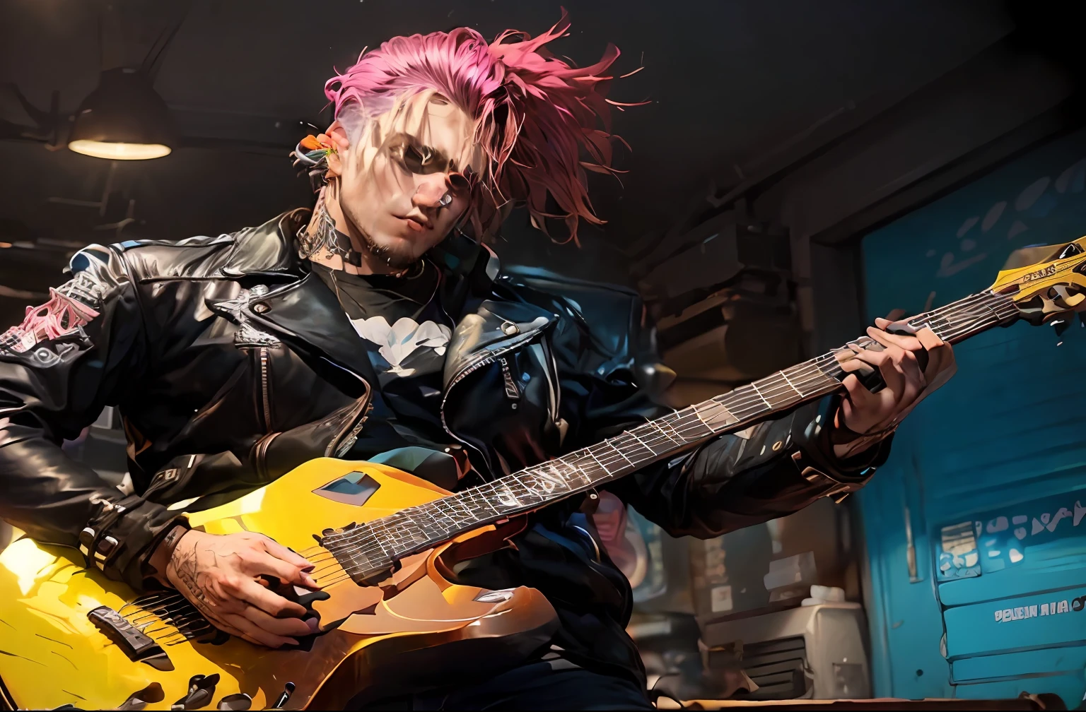 A 25-year-old punk man ((neon)) in a leather jacket, ripped jeans, all-star sneakers, holding a guitar in one hand (punk and black style hair), in the BlueAP style, realistic, --auto
