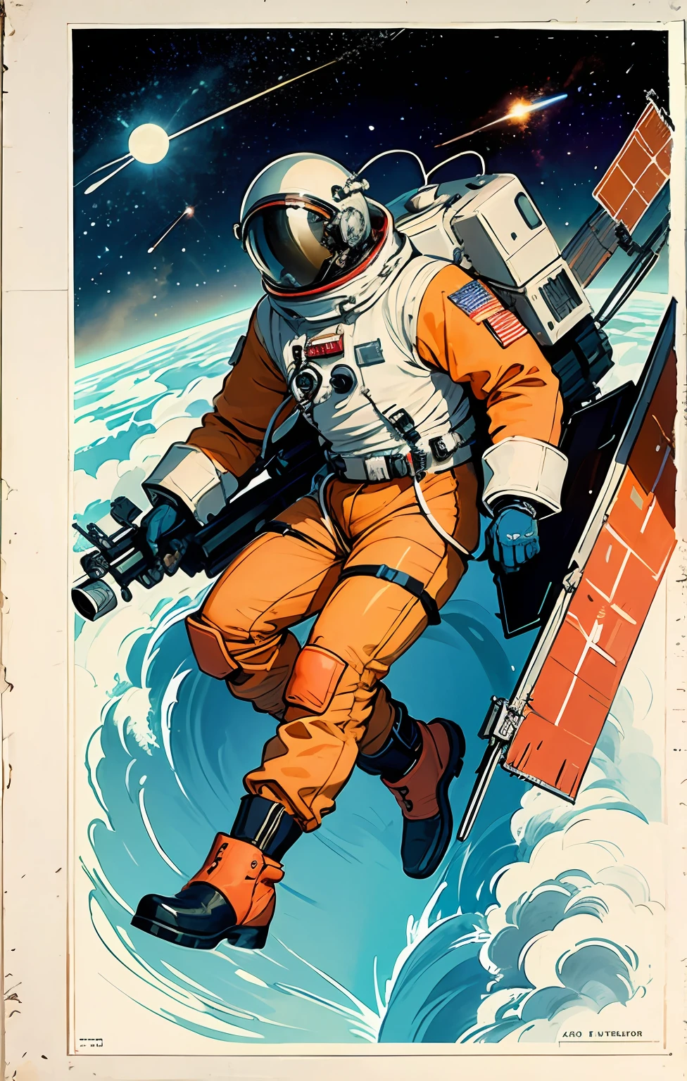 jet pilot crew, CCCP poster, Soviet poster, narrow color palette, red, Soviet poster,soviet,communism,Black_hair, Space suit:Orange_clothing_body:jumpsuit), gloves, boots espaço_branco, capacete_branco, red letters CCCP on top of helmet, weightlessness, side light, reflection, space station Salyut), Space Station, Reflected light from the sun, Silver metal,red flag,  brightness,USSR style, diffuse reflection, metallic texture, The view is a blue Earth,mecha style,sea of stars,high tone, magnificent