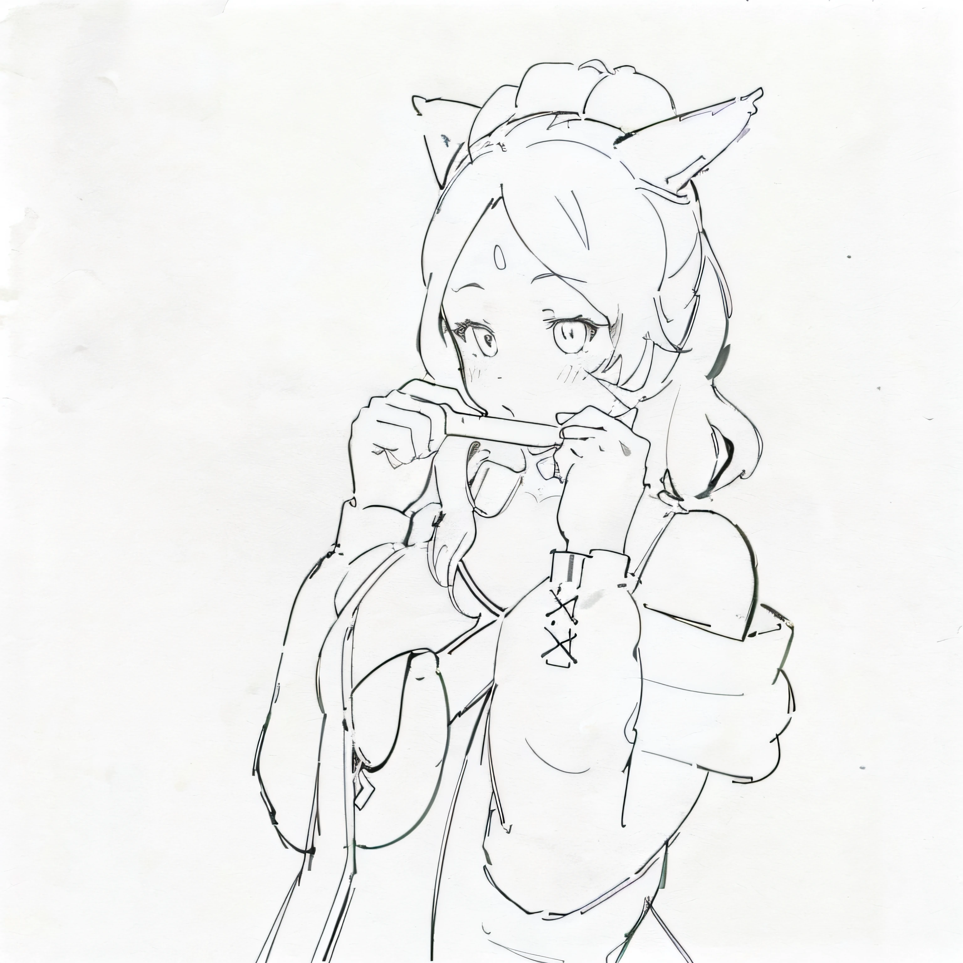 drawing of a woman with cat ears, Anime, High quality, simple lineart, clean anime outlines, thick lineart, perfect lineart, clean lineart, line sketch!!, outline sketch, lineart, heavy outlines, line sketch, holding a pudica pose, line art!!, simple line art, anime sketch, thick black lineart, thick line art, clean detailed