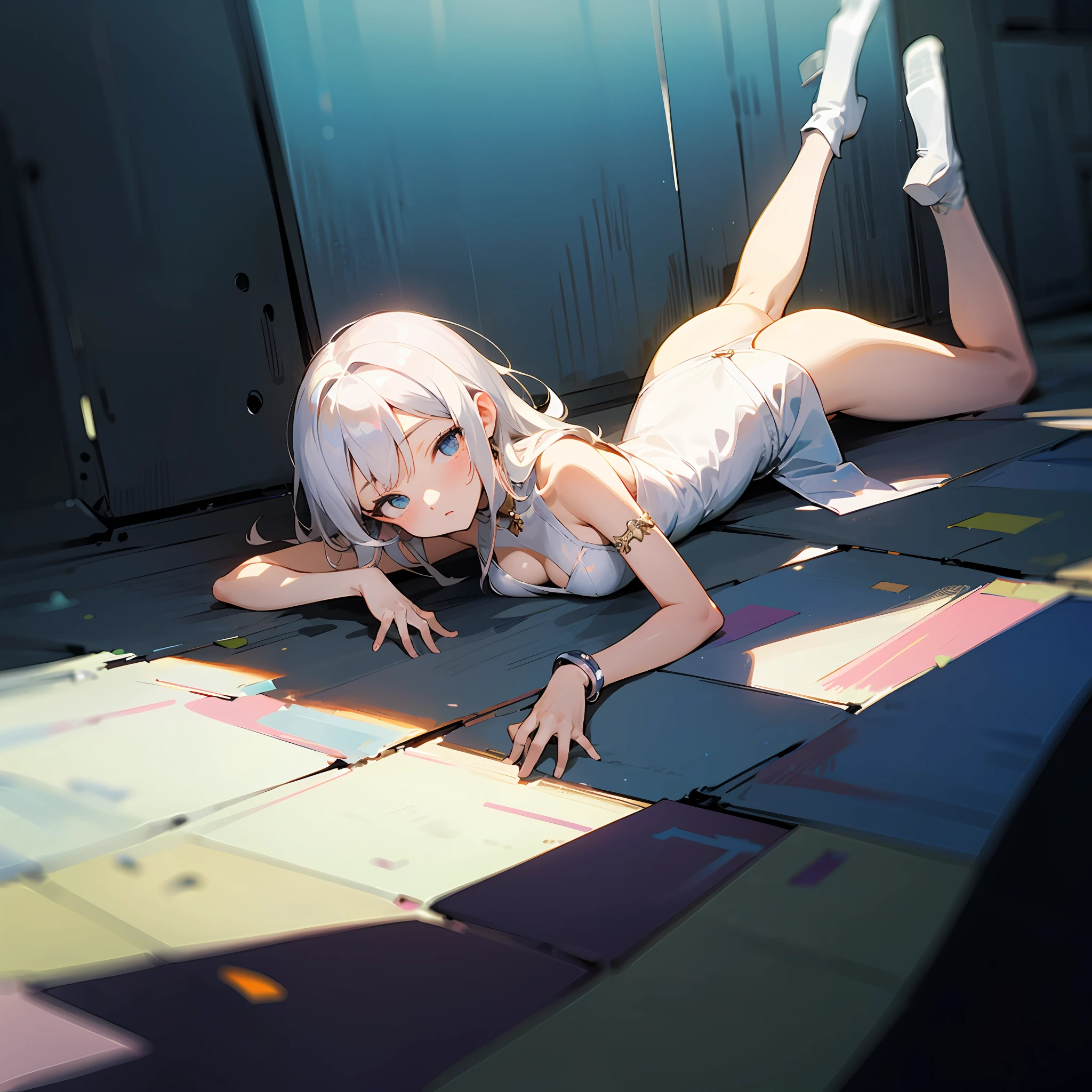 ((Best illustration)), super clear and delicate, lying position, li style, white hair, clear eyes, small body, big breasts, with leg rings.