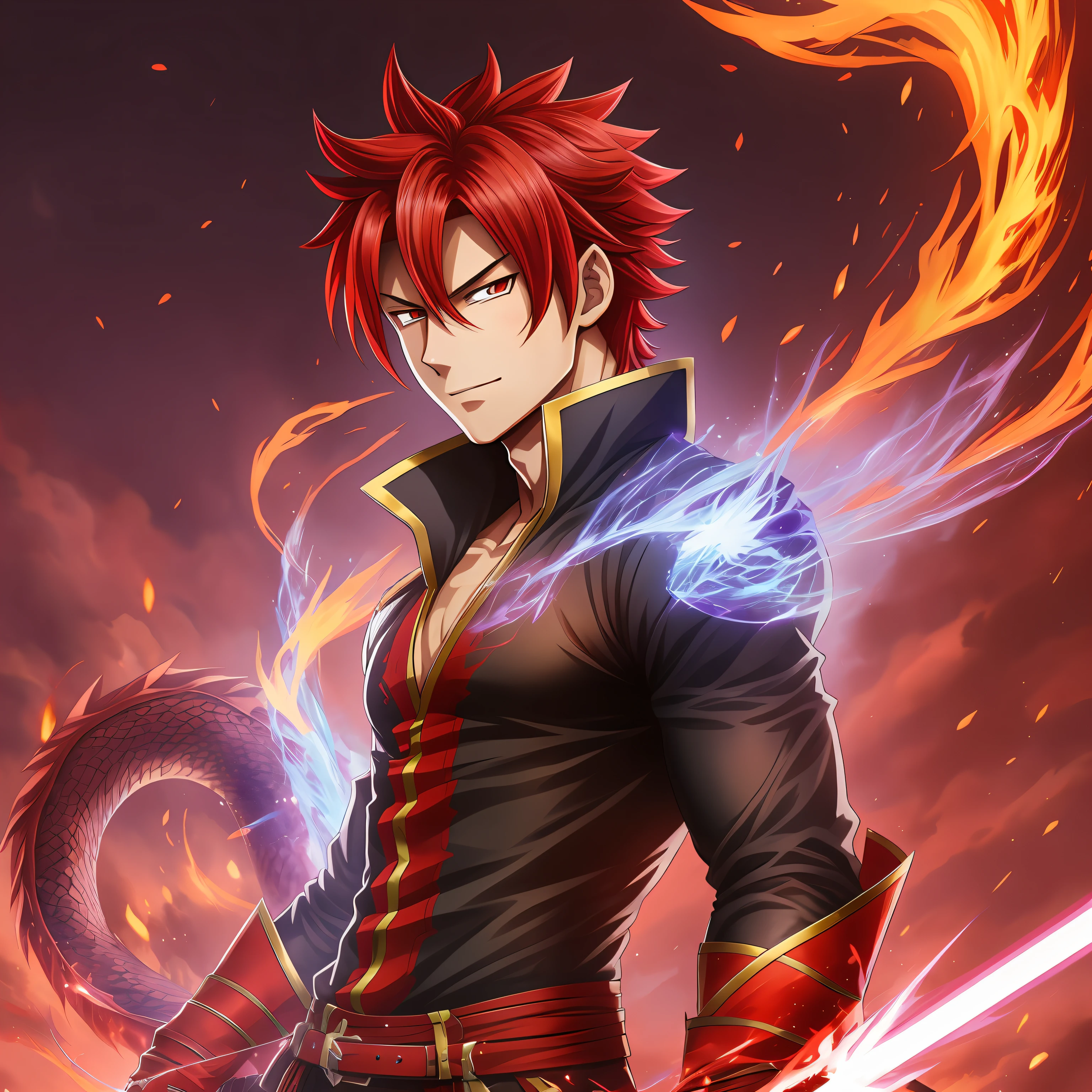 (anime) (good quality) a young man of 1.70 meters, red hair and a smile, fire powers, in a battle arena --auto