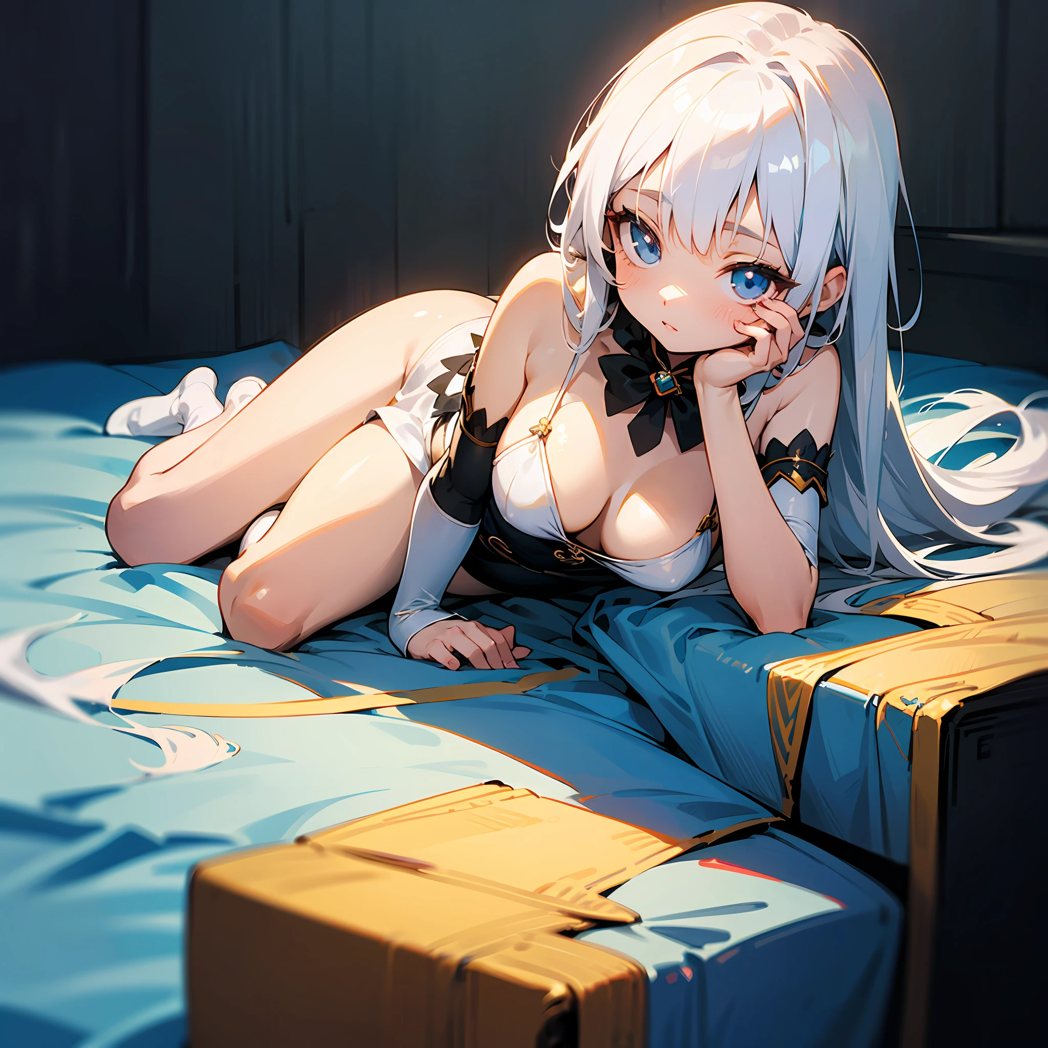 ((Best illustration)), super clear and delicate, lying position, li style, white hair, clear eyes, small body, large breasts, leg rings, white silk.