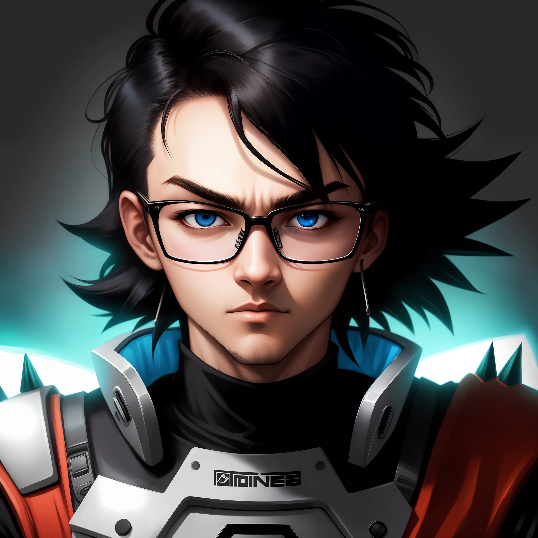 A closeup of a person with glasses and a haircut, nerdy looking, with glasses, wears glasses, with black glasses, hipster hair fringe, glares, inafune design, headshot profile picture, spiky black saiyan hair, neon, lights, technology