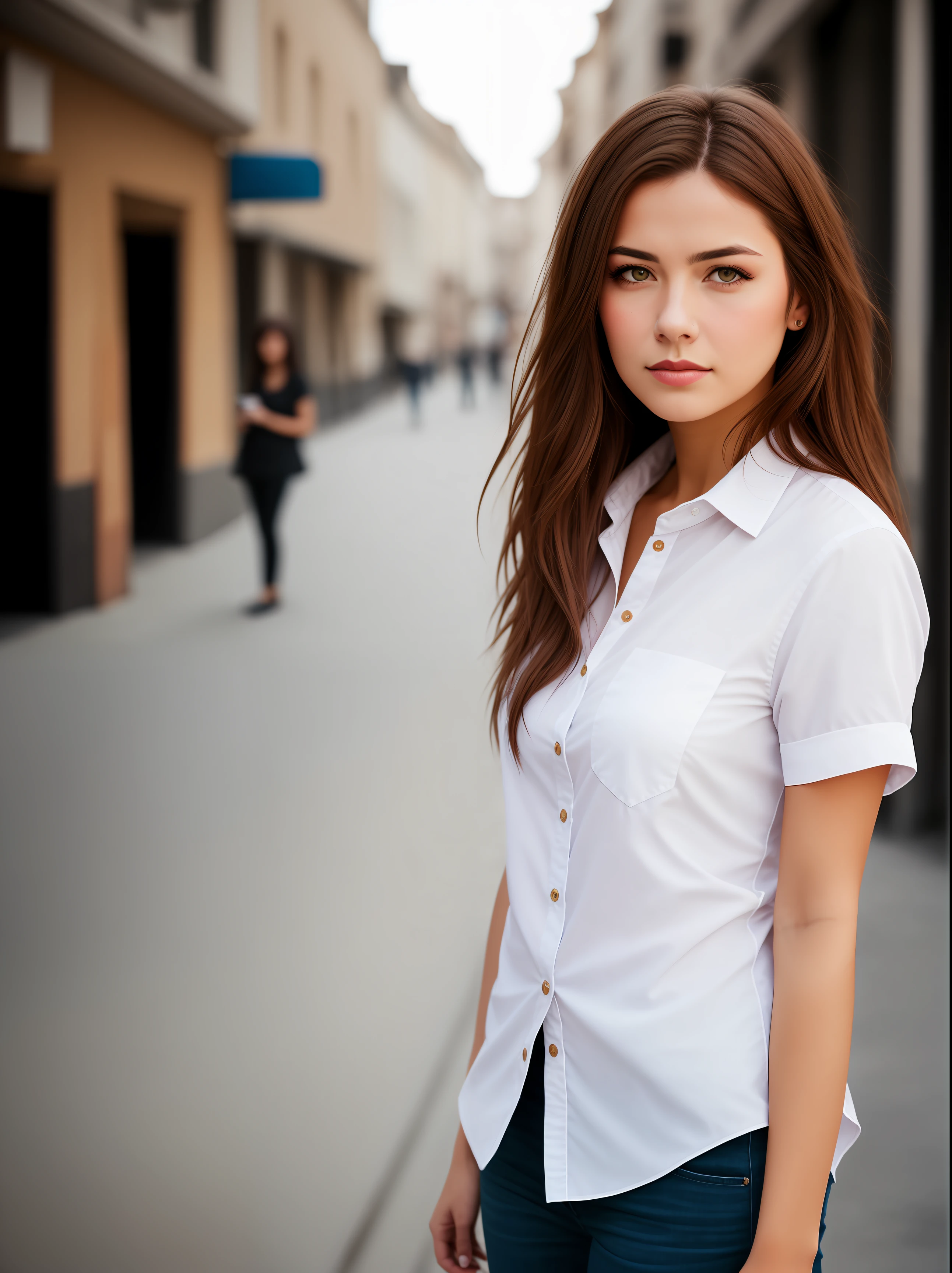 a raw professional portrait photograph of a woman, brown hair, white shirt, on a street, (photorealistic), fujiFilm XF3