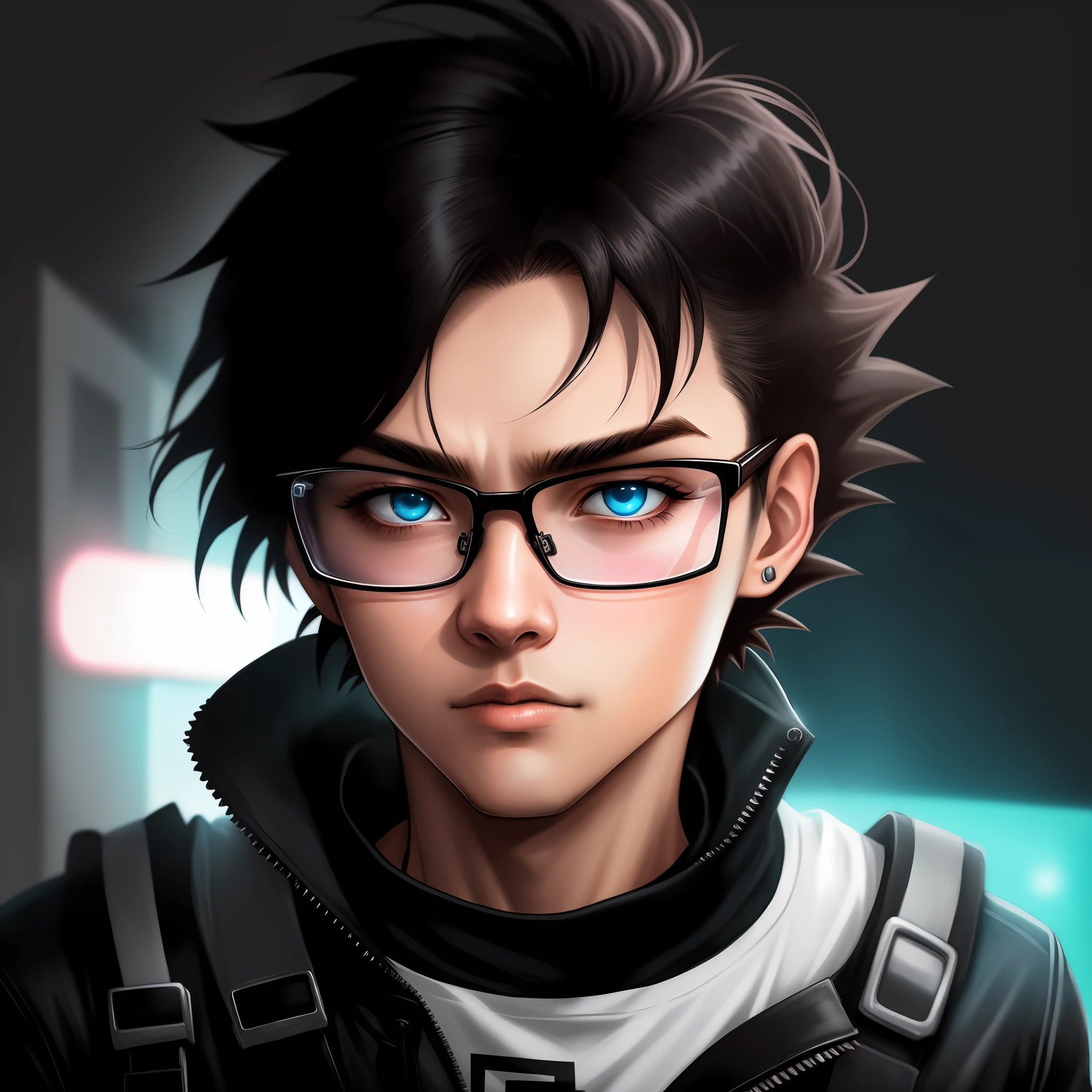 A closeup of a person with glasses and a haircut, nerdy looking, with glasses, wears glasses, with black glasses, hipster hair fringe, glares, inafune design, headshot profile picture, spiky black saiyan hair, neon, lights, technology