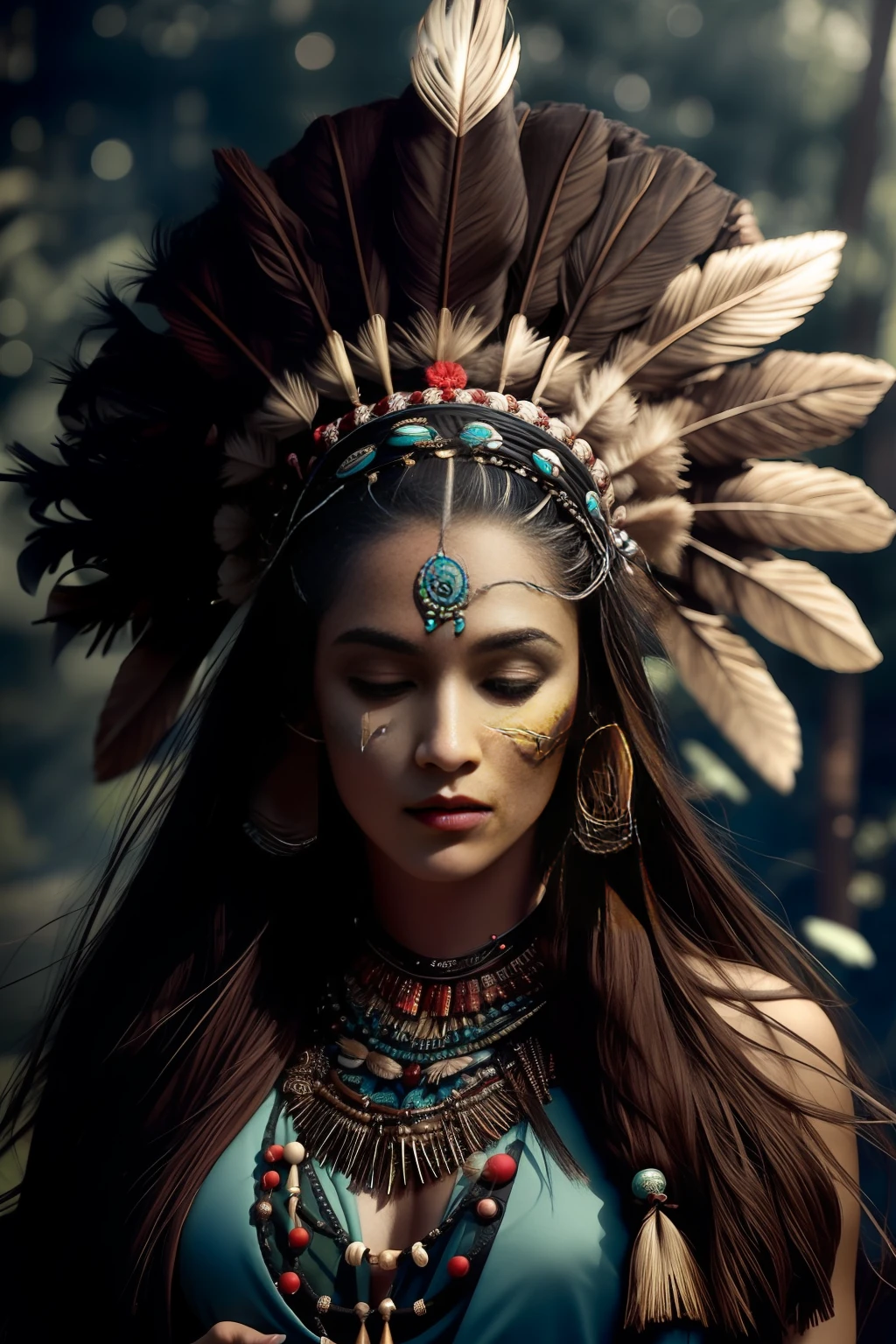 (full portrait), (half shot), solo, detailed background, detailed face, (stonepunkAI, stone theme:1.1), wise, (female), (native american), (beautiful hair, braids:0.2), shaman, septum piercing, mystical, (gorgeous face), stunning, head tilted upwards, (eyes closed, serene expression), calm, meditating, Seafoam Green frayed clothes, prayer beads, tribal jewelry, feathers in hair, headdress:0.33, jade, obsidian, detailed clothing, cleavage, realistic skin texture, (floating particles, water swirling, embers, ritual, whirlwind, wind:1.2), sharp focus, volumetric lighting, good highlights, good shading, subsurface scattering, intricate, highly detailed, ((cinematic)), dramatic, (highest quality, award winning, masterpiece:1.5), (photorealistic:1.5), (intricate symmetrical warpaint:0.5),