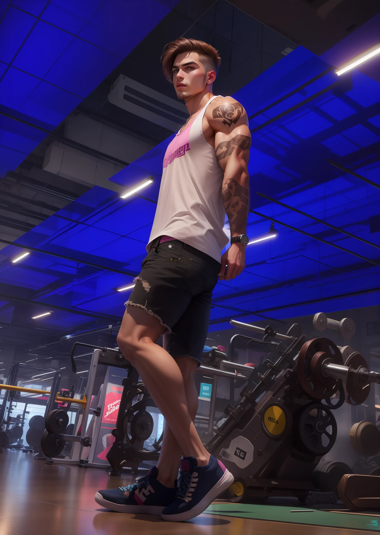 brown straight hair, pink sneakers, ripped jean shorts, tank top, strong man