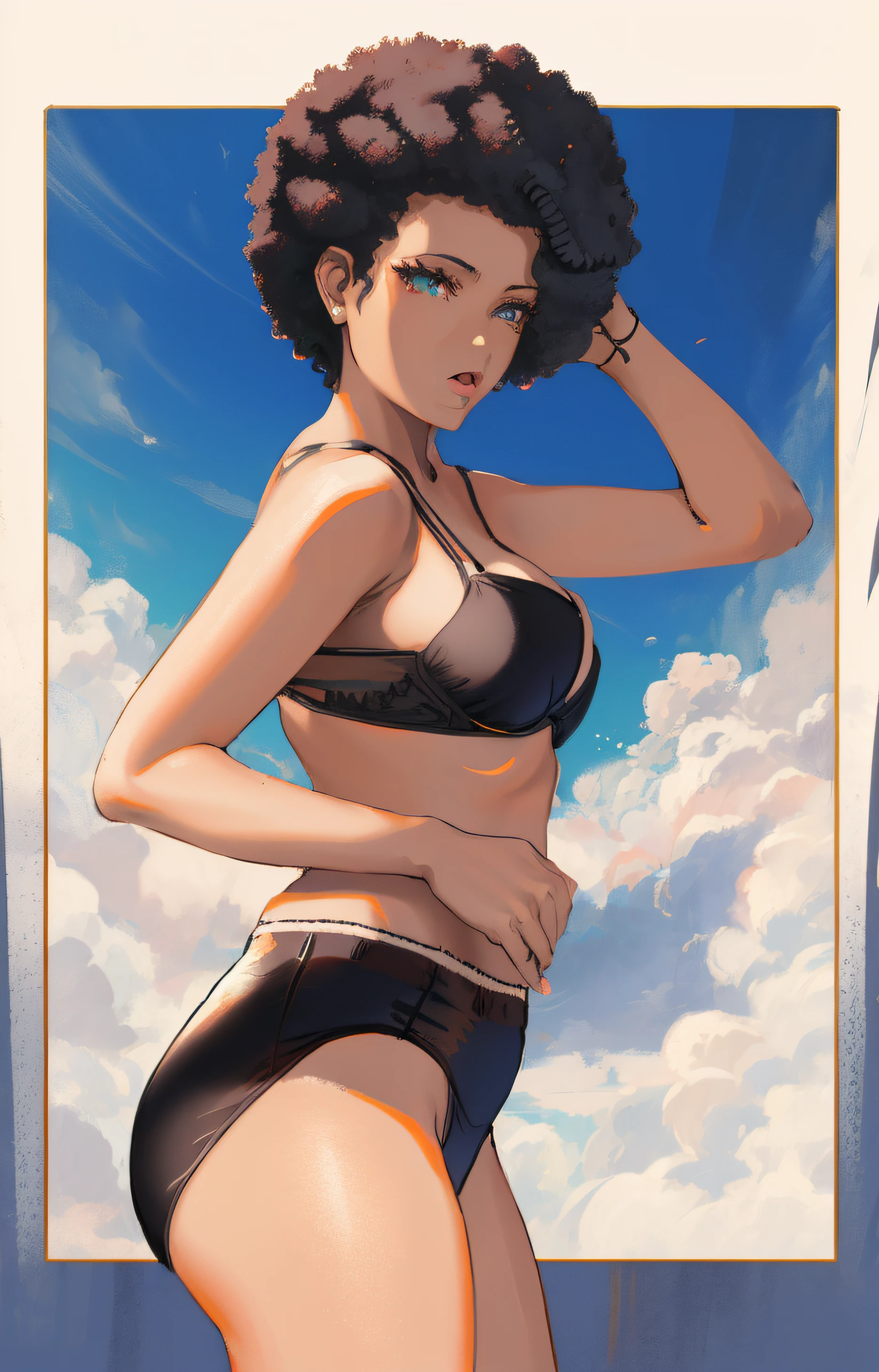 Black woman with Afro, in white bra, white cotton high cut panties, grabbing hair, anime art style, intricate details