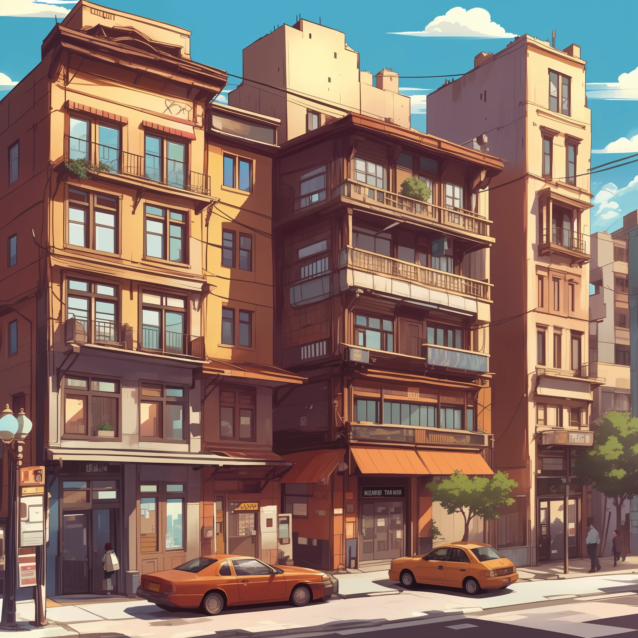anime city scene with a yellow taxi cab and a tall building, anime style cityscape, hd anime cityscape, buildings photorealism, urban concept art, photorealistic streetscape, anime background art, beautiful cityscape, rob rey and kentaro miura style, the neat and dense buildings, anime scenery concept art, detailed scenery —width 672, low detailed. digital painting