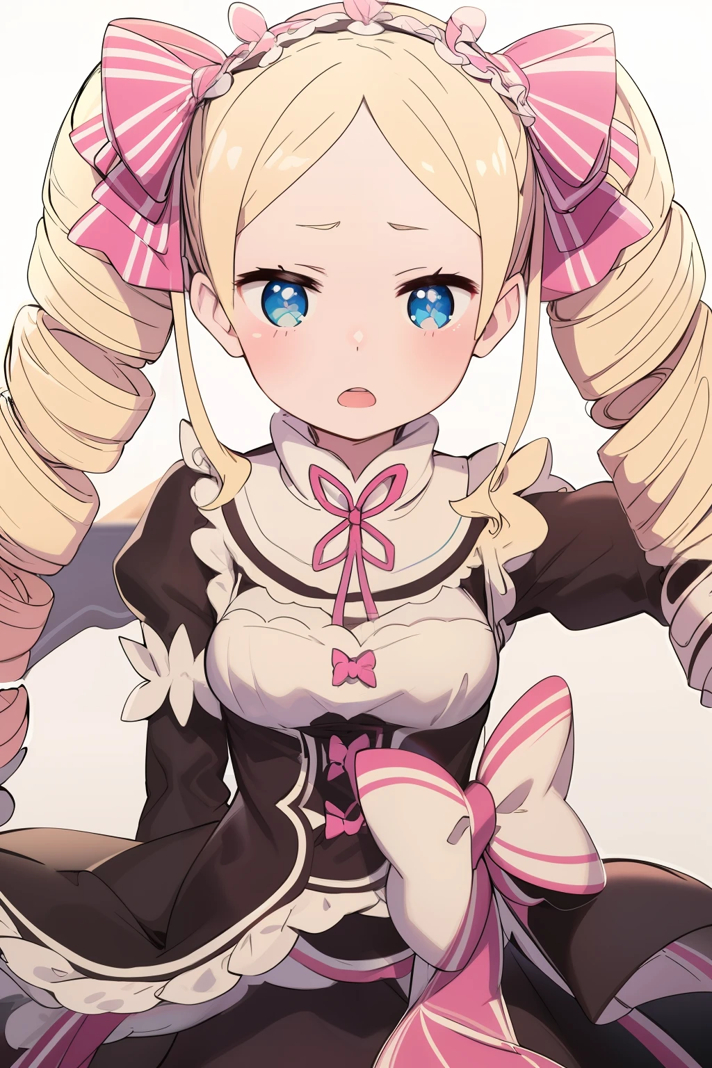 masterpice, detailed, absurdres, highres, apron, black ribbon, blue eyes, blush, bow, hair ornament, hair ribbon, maid, maid's headdress, open mouth, pink bow, pov, ribbon, clothes trimmed with ribbon, ribbon trim, roswaal maid's uniform mansion, short hair, waist apron, white background