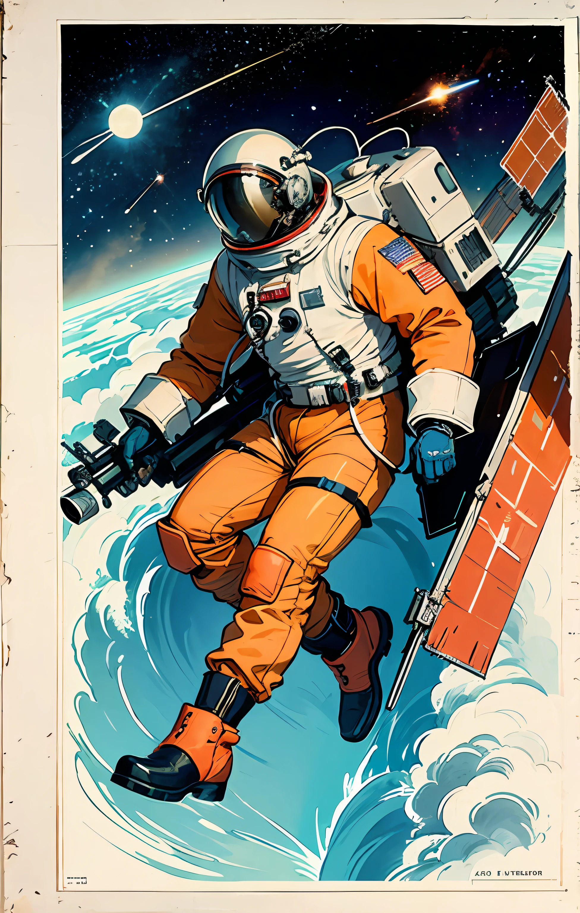 jet pilot crew, CCCP poster, Soviet poster, narrow color palette, red, Soviet poster,soviet,communism,Black_hair, Space suit:Orange_clothing_body:jumpsuit), gloves, boots espaço_branco, capacete_branco, red letters CCCP on top of helmet, weightlessness, side light, reflection, space station Salyut), Space Station, Reflected light from the sun, Silver metal,red flag,  brightness,USSR style, diffuse reflection, metallic texture, The view is a blue Earth,mecha style,sea of stars,high tone, magnificent
