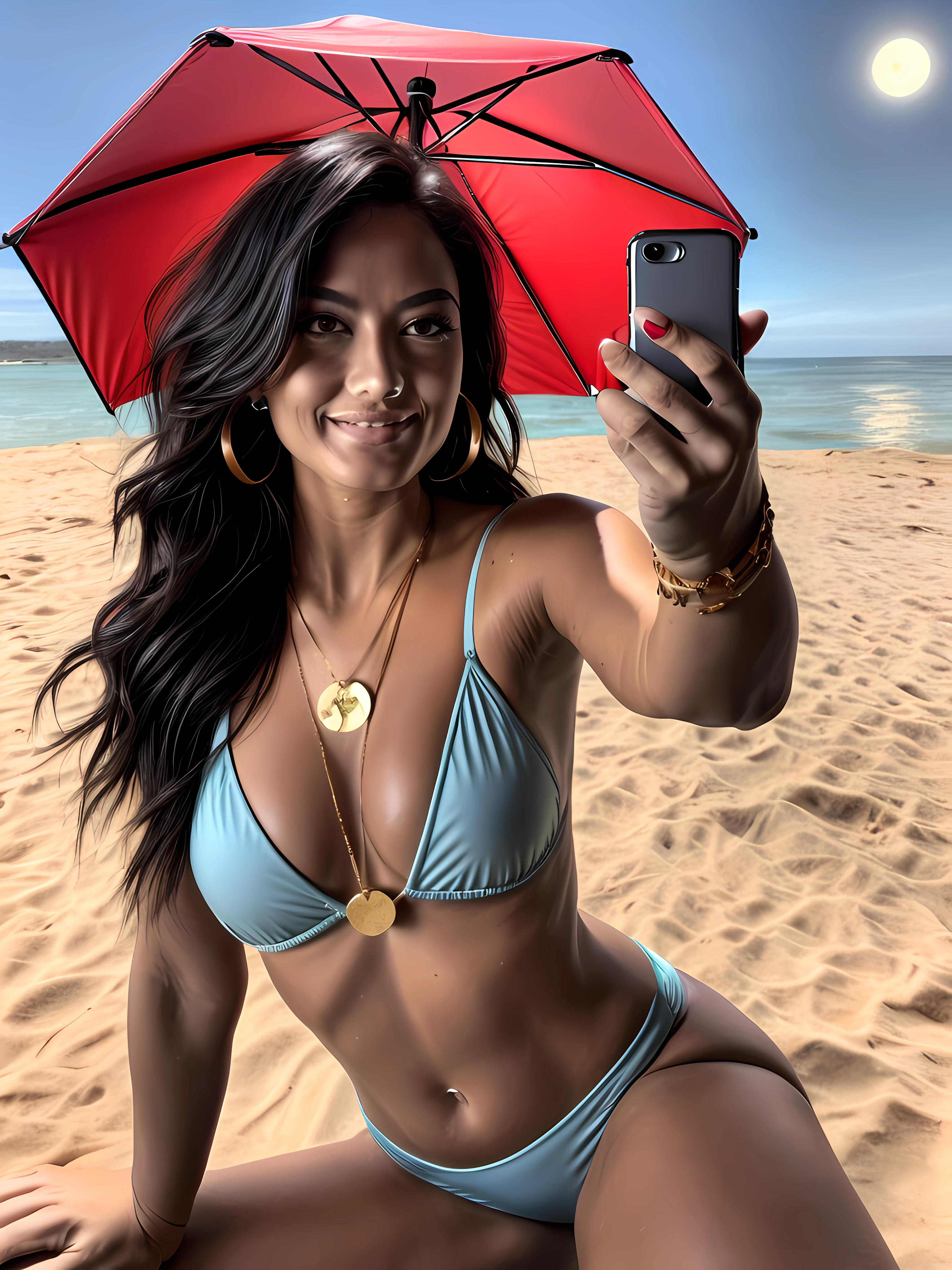 Excella Gionne, square necklace, updo hairstyle, ((upper body selfie, happy)), (masterpiece:1.4), best quality, ultra-detailed, outdoors, moon cheerful, happy, small tight burgundy bikini in gold, square necklace, square earrings, lusty, face, serious face, sultry, dynamic pose, dynamic angle, rich, luxurious, bossy, laying on beach chair, beach, sun umbrella, shadows, contrast, clear sky, analog style (look at viewer:1.2) (skin texture) (film grain:1.3), (people:1.5), (warm hue, warm tone) :1.2), close up, cinematic light, sidelighting, ultra high res, best shadow, RAW, upper body, wearing pullover, kodak vision 3