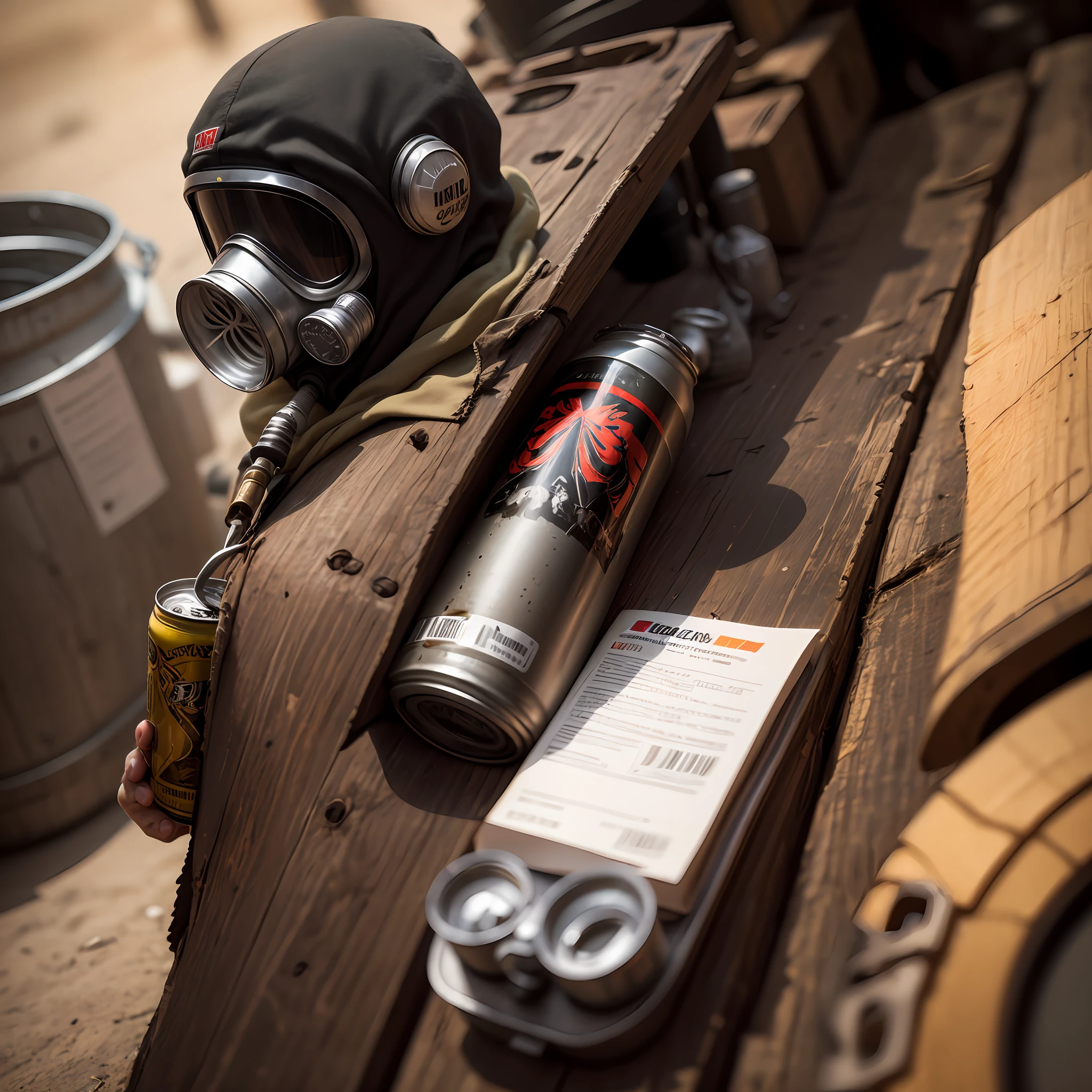 Can of beer donning a gas mask, adobe Lightroom, ultra detailed --auto