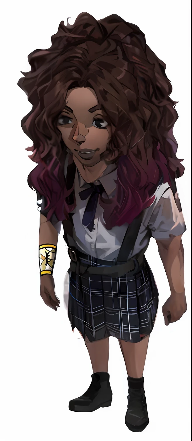 Grey plaid skirt with suspender, white shirt.