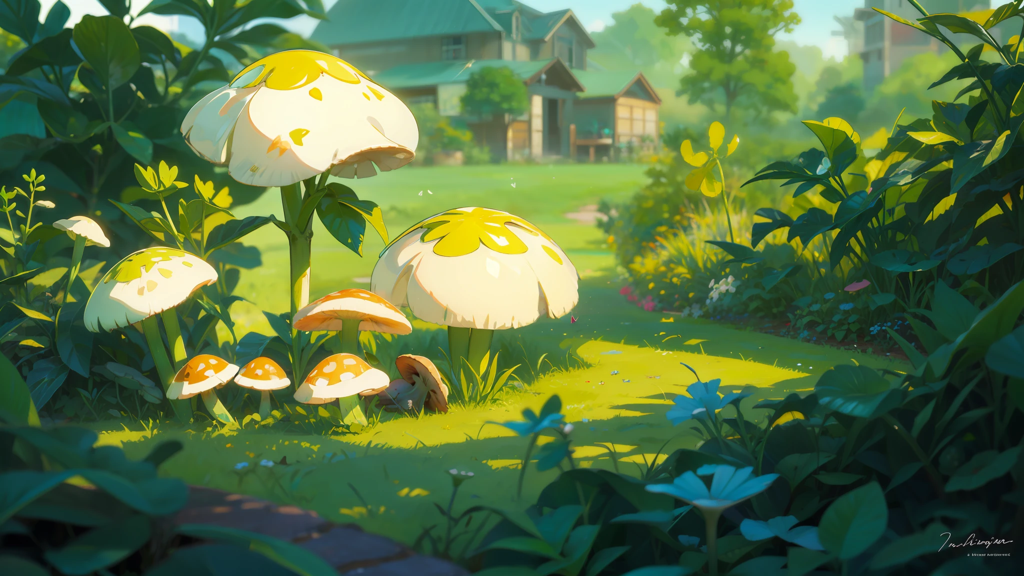 Fine matte paintings, masterpieces, tilt-shift lenses, four-leaf clovers, turquoise mushrooms, dew, morning sun, butterflies surrounding, dream garden