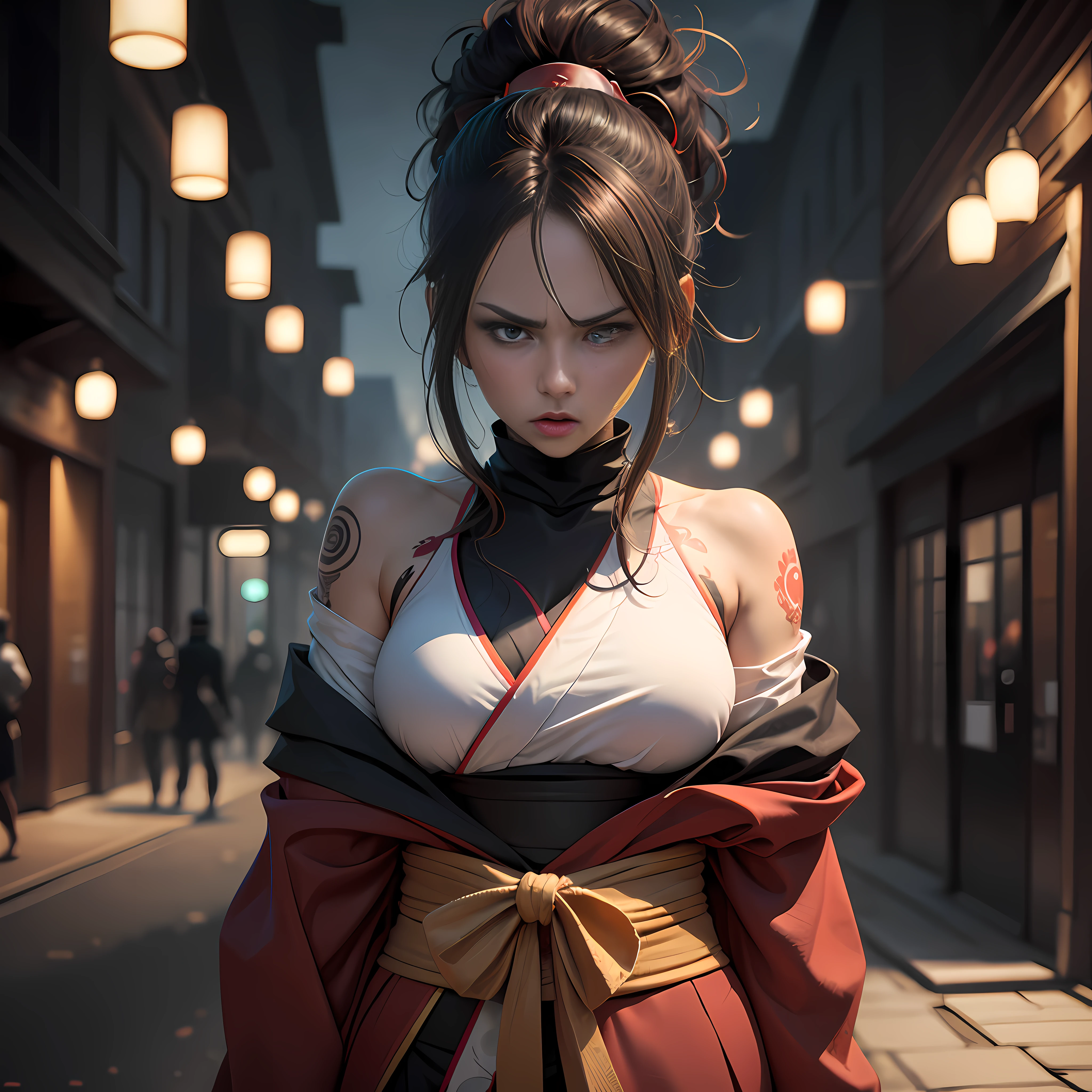 young shinobi, ninja, immortal, eternal, pale, red kimono all over body, whole body covered, villain, expression anger, percing, tattoo, HD, too much detail, anime design, dark background terror, dark light, landscape, 4K manga wallpaper, 4K anime art wallpaper, 4K anime art wallpaper, 8K anime art wallpaper, close-up