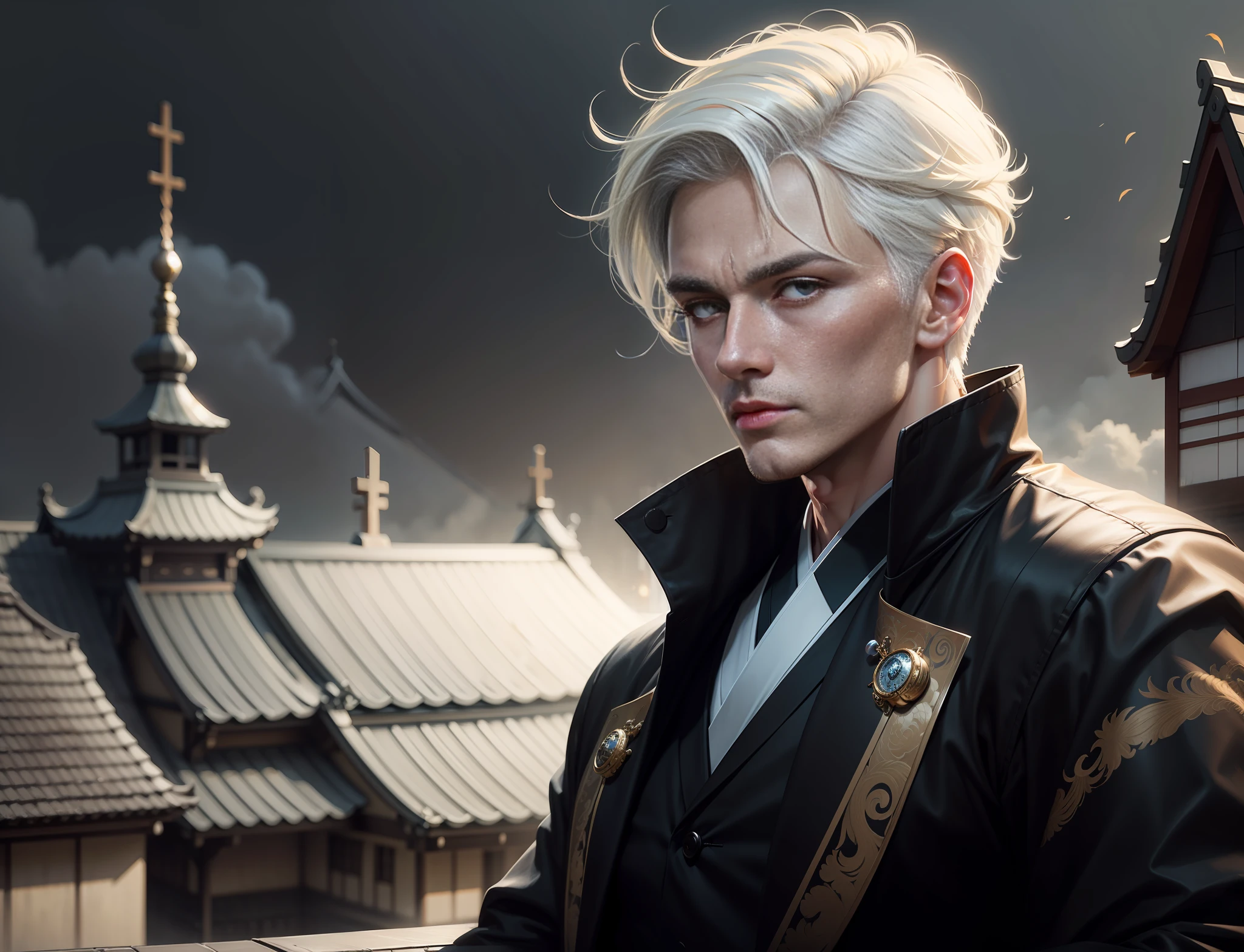 blonde haired man with white hair traditional white Japanese clothing, sitting on the roofs of a church,human male character art, realistic digital painting, realistic art style, handsome male reaper, detailed bass. digital painting, closeup character portrait, digital character painting --auto
