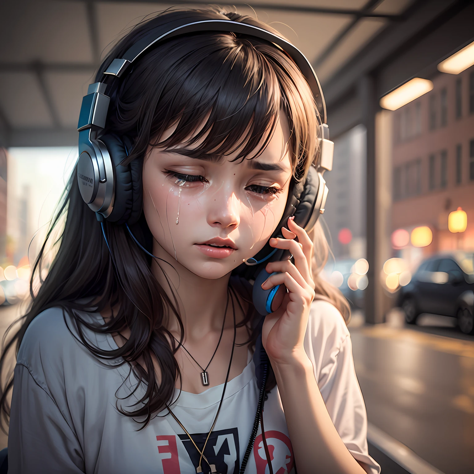 "Girl crying and listening to music with gray headset." --auto