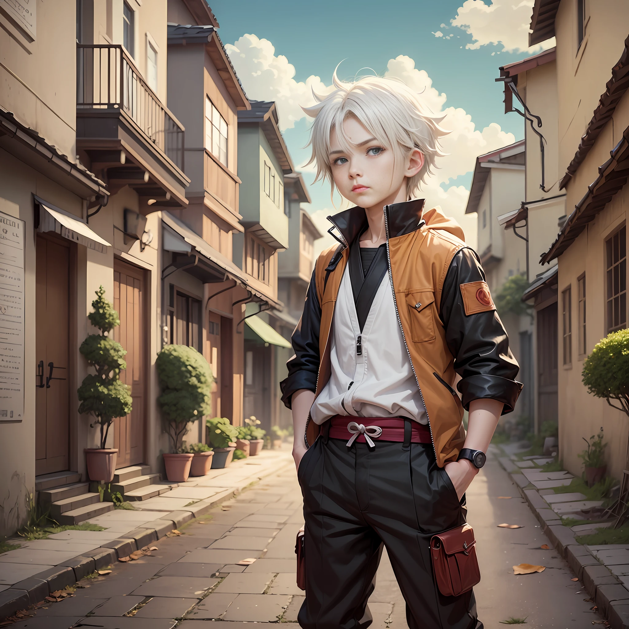 naruto-style white-haired 9--old , anime-style image in a village, using magic with his hands --auto --s2