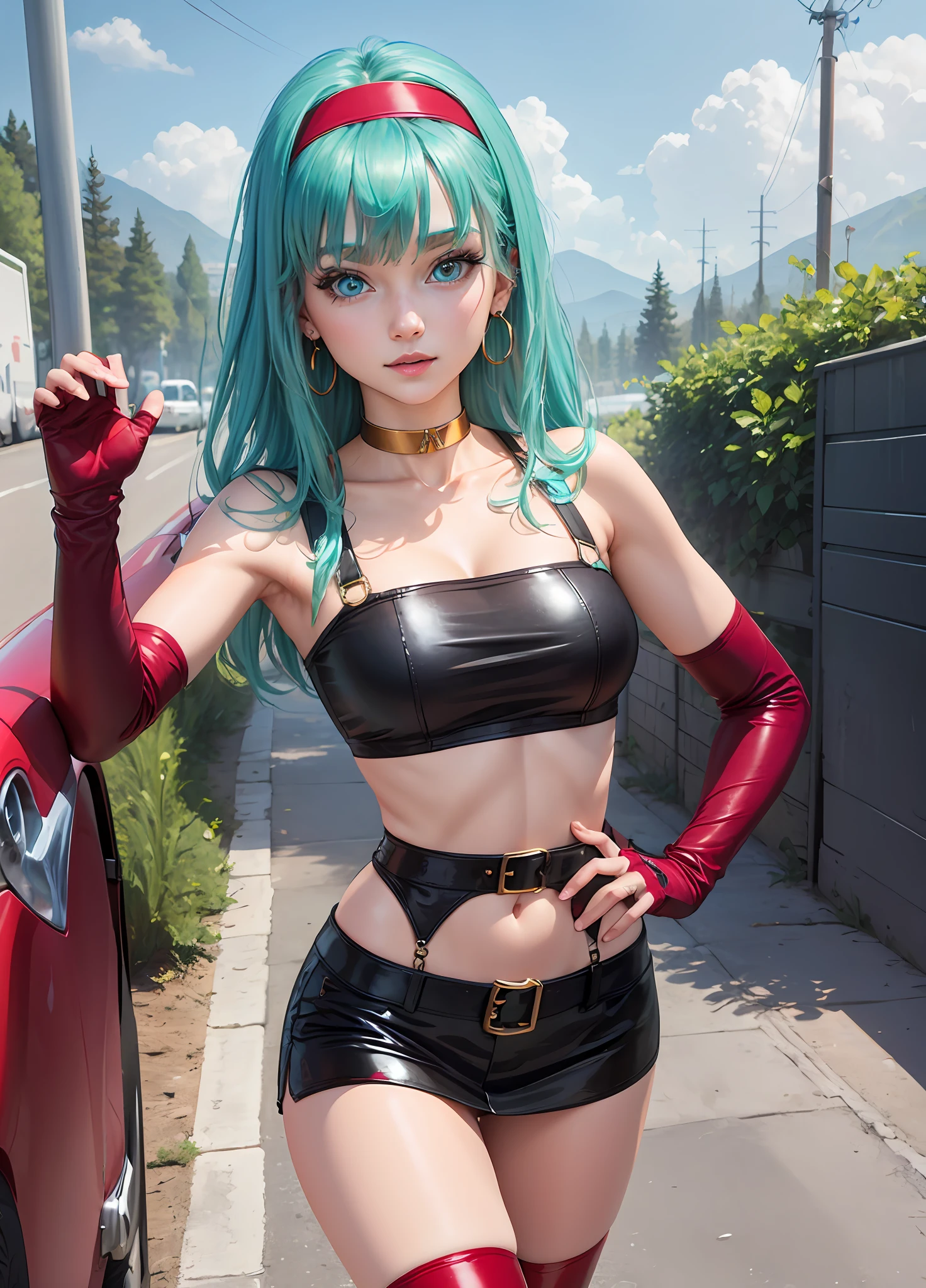masterpiece, best quality, highest quality, photorealistic, perfect anatomy, perfect face, perfect eyes,
aqua hair, brabulladbgt, red hairband, red gloves, red crop top,  blue eyes, skirt, hoop earrings, choker, 1girl, outdoors, sexy pose