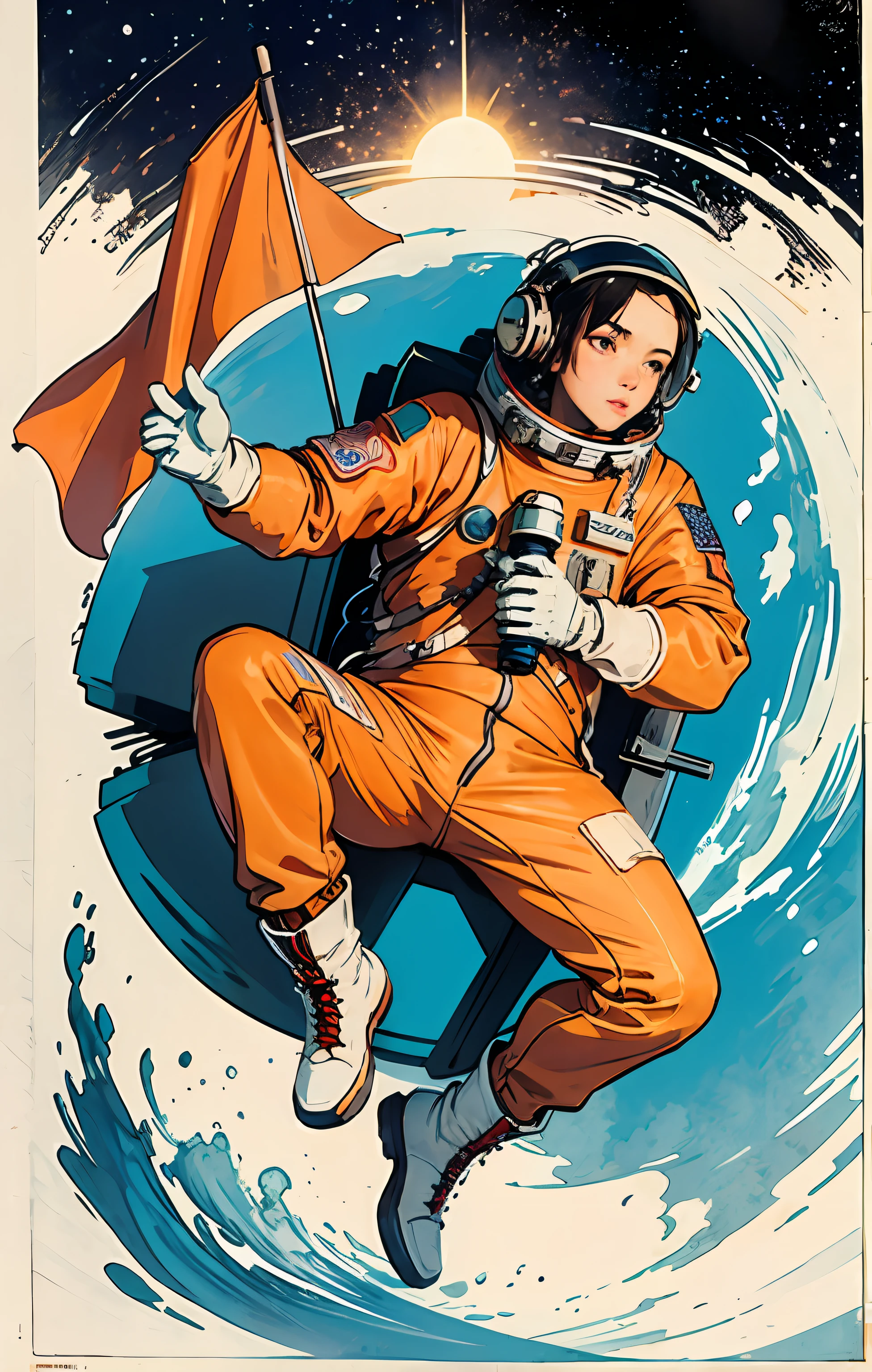 jet pilot crew, CCCP poster, Soviet poster, narrow color palette, red, Soviet poster,soviet,communism,Black_hair, Space suit:Orange_clothing_body:jumpsuit), gloves, boots espaço_branco, capacete_branco, red letters CCCP on top of helmet, weightlessness, side light, reflection, space station Salyut), Space Station, Reflected light from the sun, Silver metal,red flag, brightness,USSR style, diffuse reflection, metallic texture, The view is a blue Earth,mecha style,sea of stars,high tone, magnificent