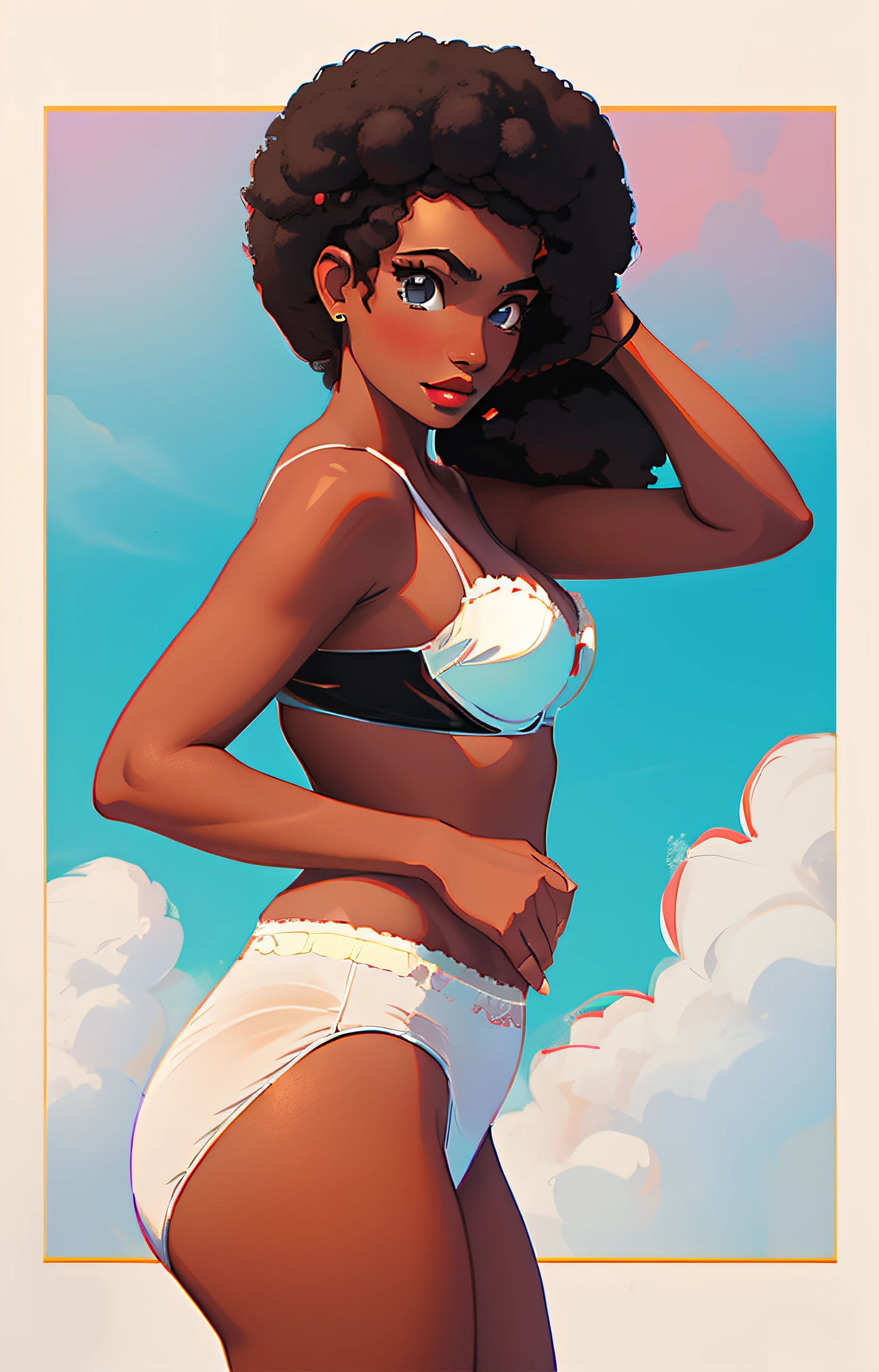 Black woman with Afro, in white bra, white cotton high cut panties, grabbing hair, anime art style, intricate details