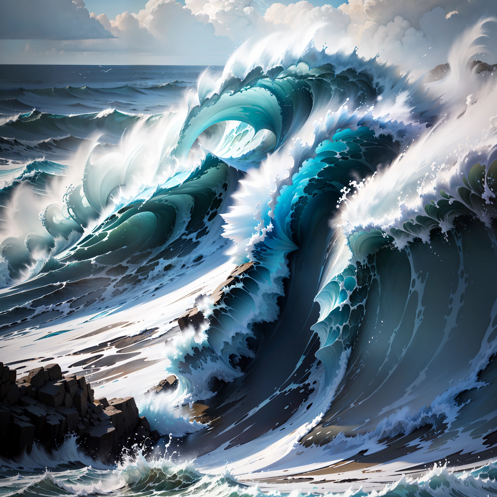 there are two large waves crashing on the rocks in the ocean, giant waves, stunning waves, massive waves, huge waves, large waves, waves of energy, towering waves, blue crashing waves, very huge waves, breathtaking wave, large waves crashing over it, big waves, turbulent waves, fierce huge waves, ocean waves, crashing waves, beautiful waves in sea, waves crashing
