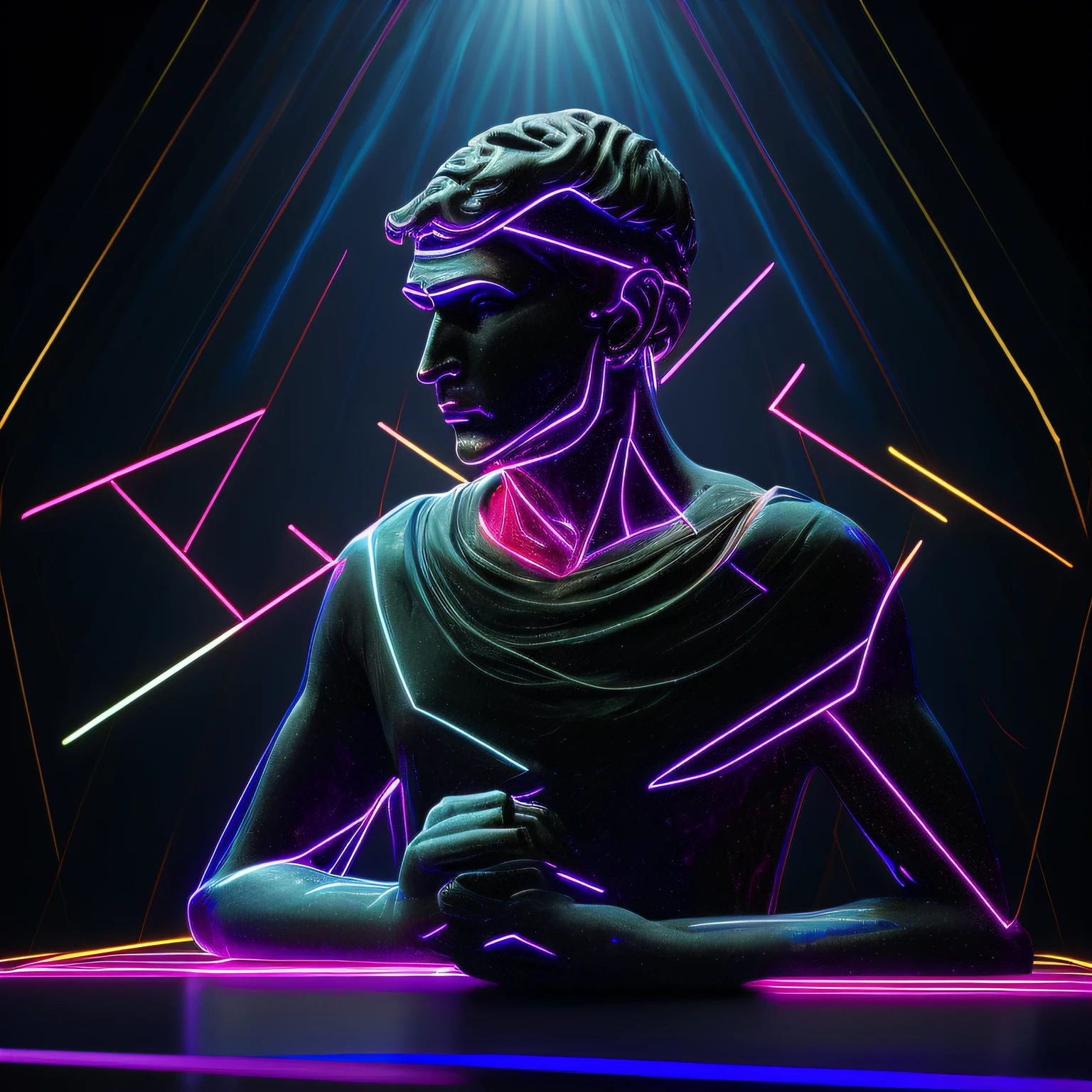 close-up of a thinking statue,thinker pose with lines sticking out of it, by Mike Winkelmann, holography, vaporwave!, octane rendering, greek god, blind, Roman neon, thinking attitude, black dark background