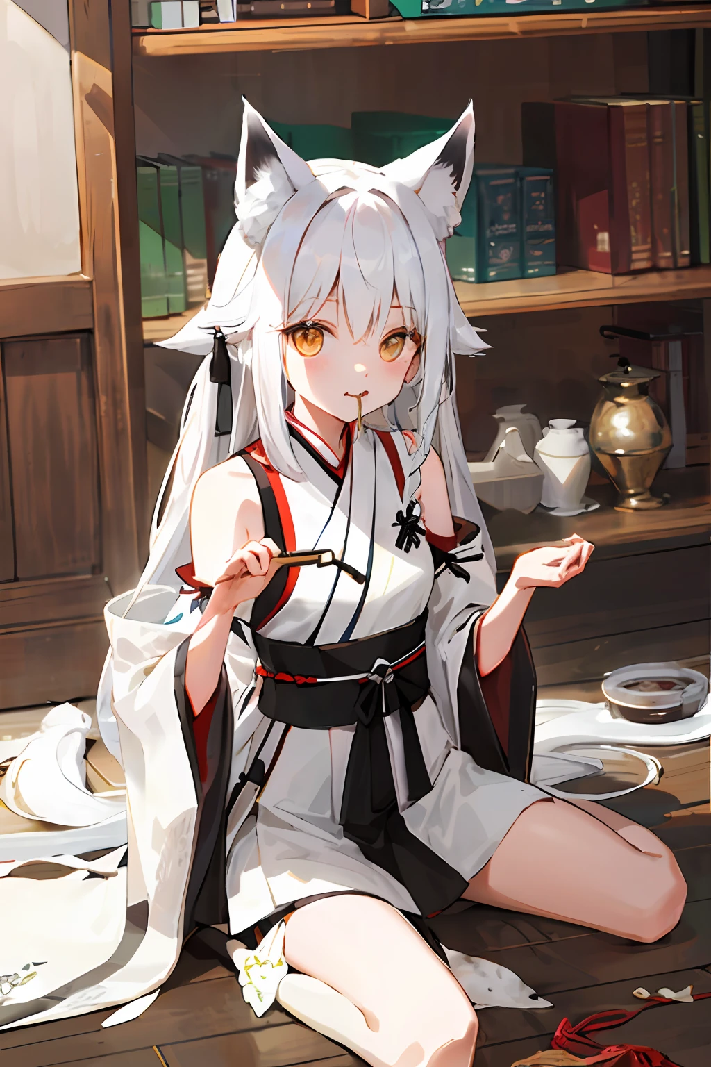 White cat eating noodles